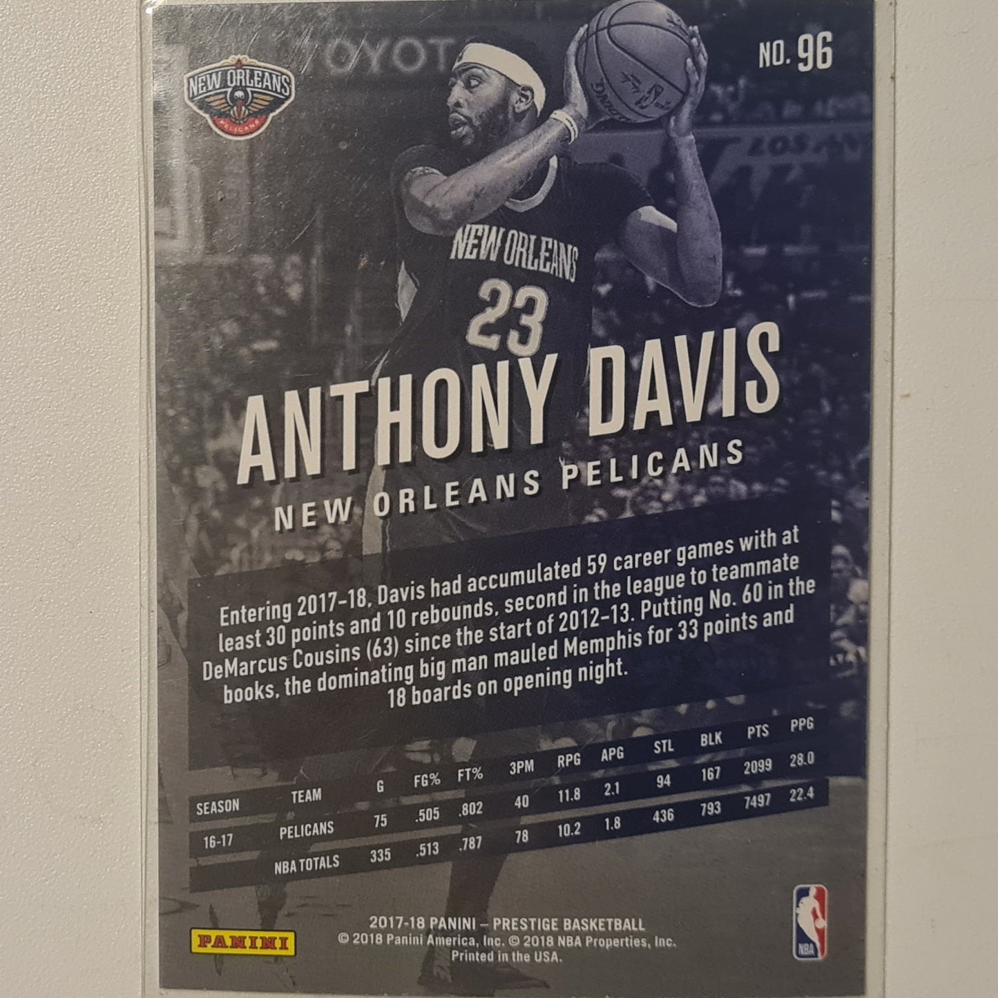 Anthony Davis 2017-18 Panini Prestige #96 NBA Basketball New Orleans Pelicans Excellent Sleeved