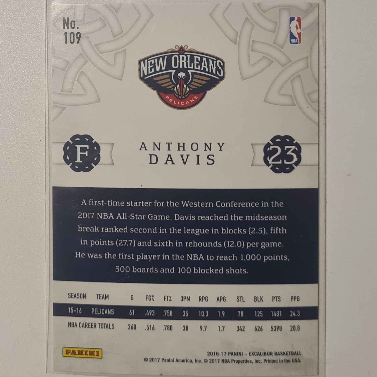 Anthony Davis 2016-17 Panini Excalibur #109 NBA Basketball New Orleans Pelicans Excellent Sleeved