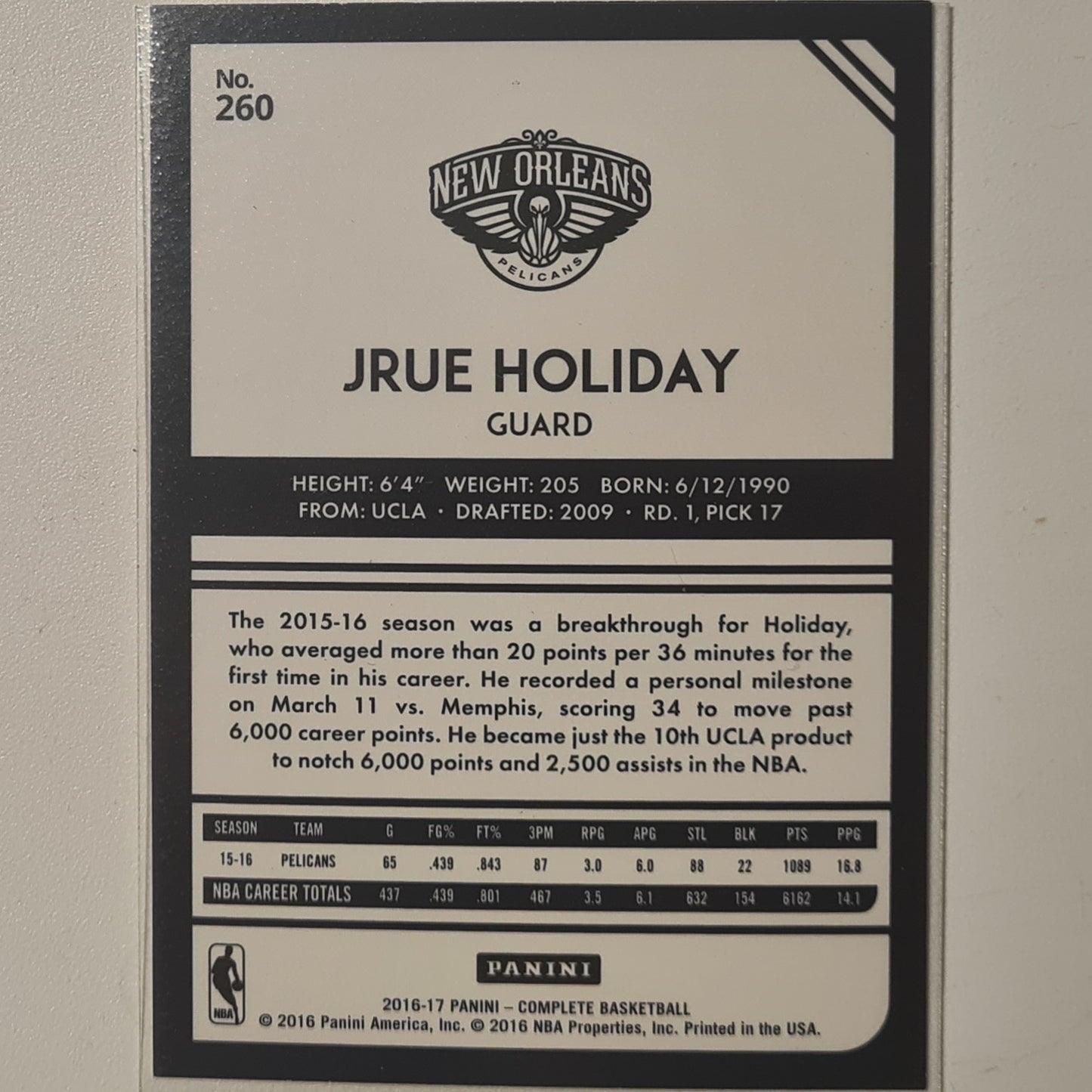 Jrue Holiday 2016-17 Panini Complete #260 NBA Basketball New Orleans Pelicans Excellent Sleeved