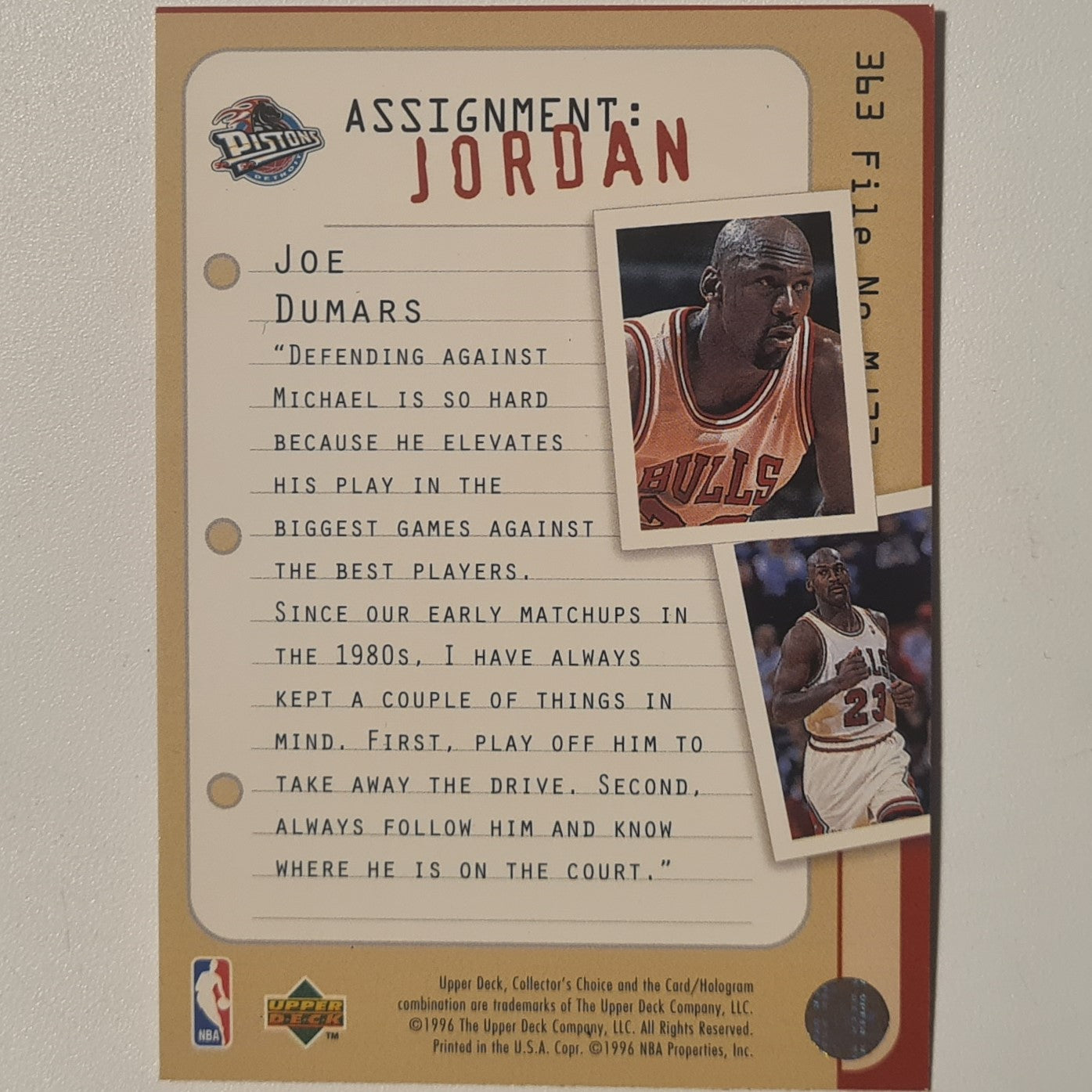 Michael Jordan 1997 Upper-Deck Assignment Jordan Joe Dumars #363 Chicago Bulls good Sleeved