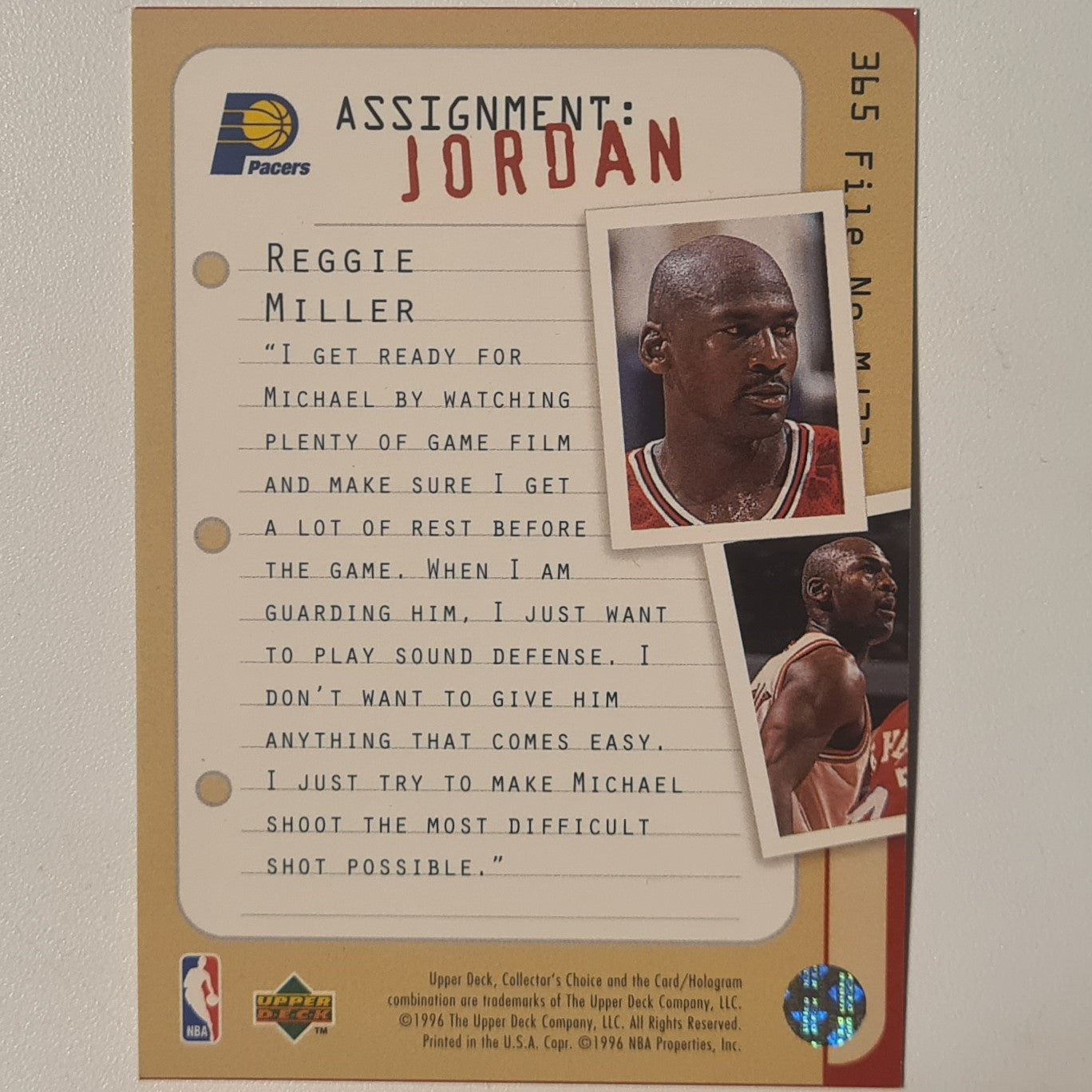Michael Jordan 1997 Upper-Deck Assignment Jordan Reggie Miller #365 Chicago Bulls good very good Sleeved