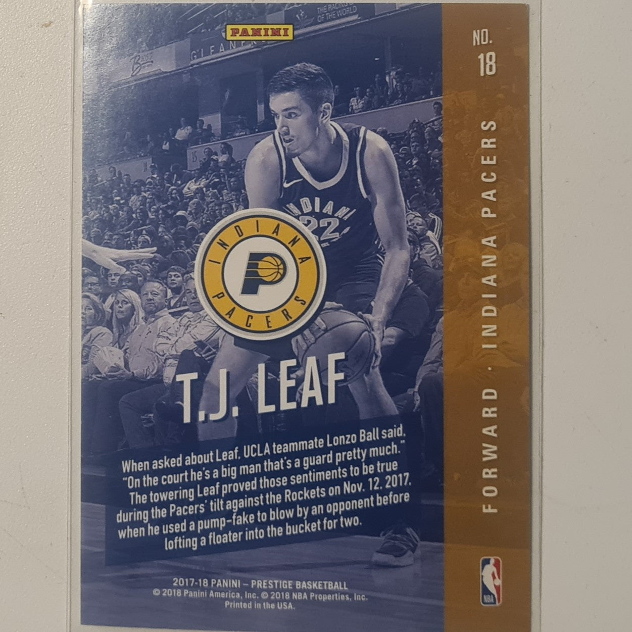 TJ Leaf 2017-18 Panini Prestige Rookie RC #18 NBA Basketball Indiana Pacers Excellent sleeved
