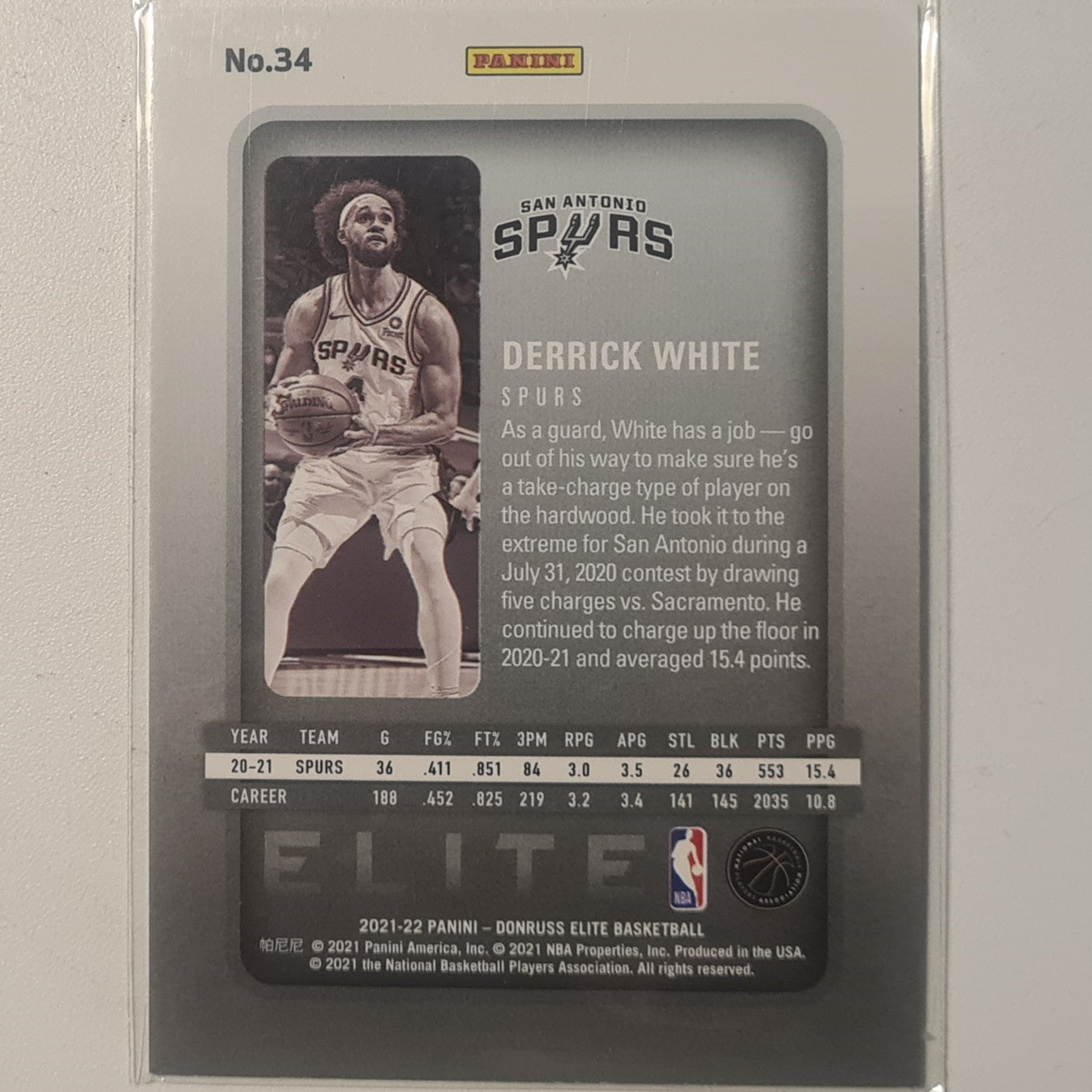 Derrick White 2017-18 Panini Elite #34 NBA Basketball San Antonio Spurs Excellent sleeved