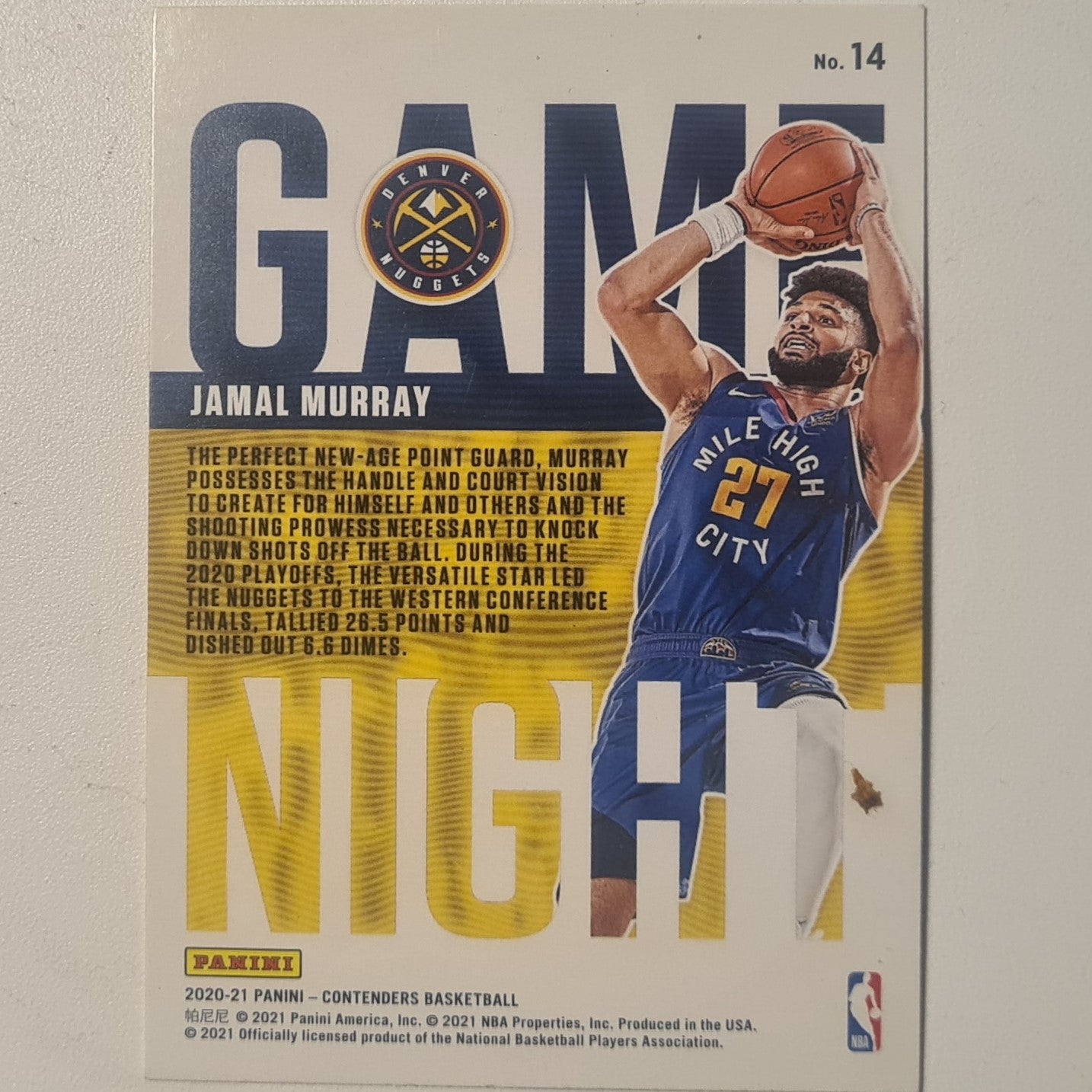 Jamal Murray 2020-21 Panini Contenders Game Night #14 NBA Basketball Denver Nuggets Excellent sleeved