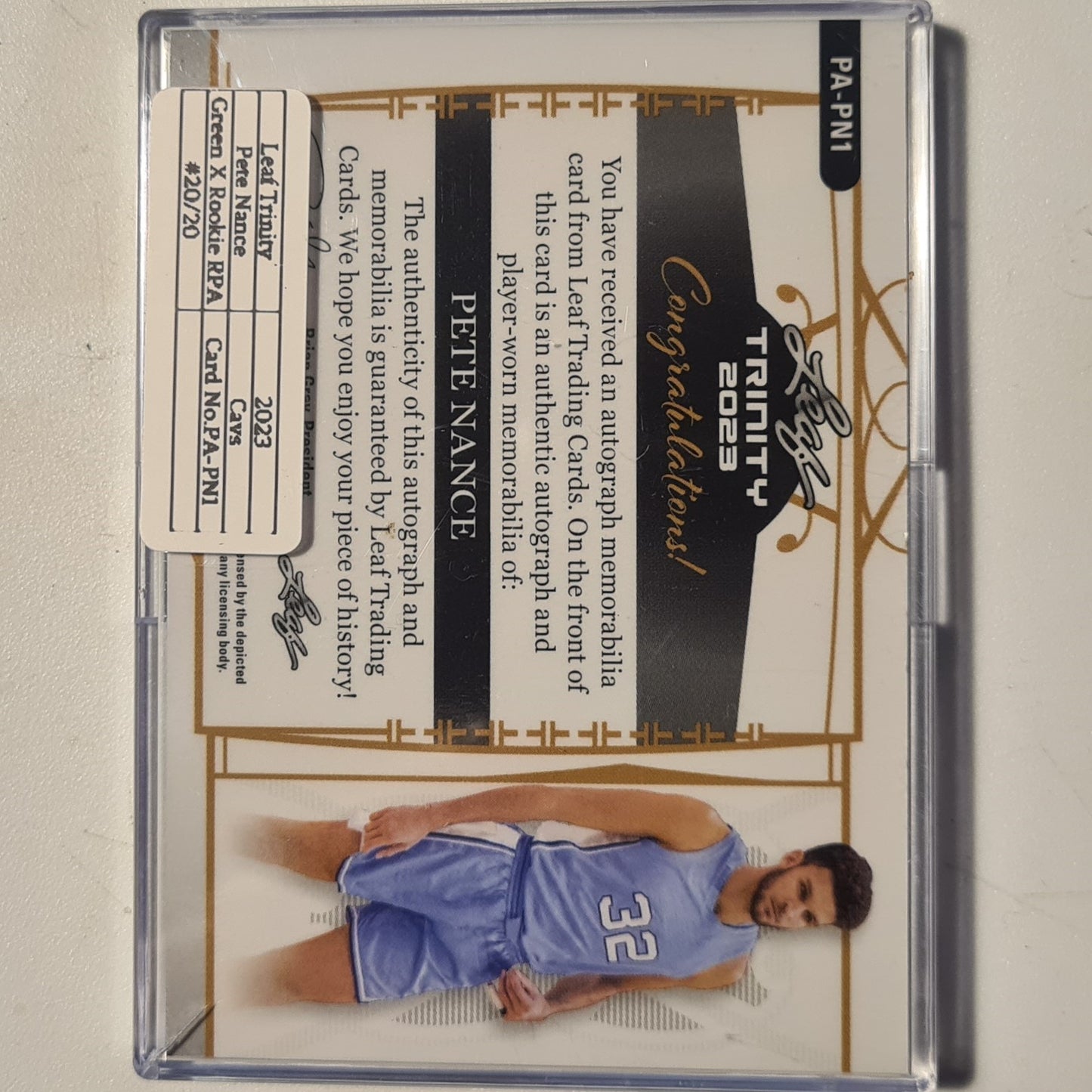 Pete Nance 2023 Leaf Trinity rookie RC Auto Patch 20/20 PA-PN1 NBA Basketball Carolina/cavs mint in case
