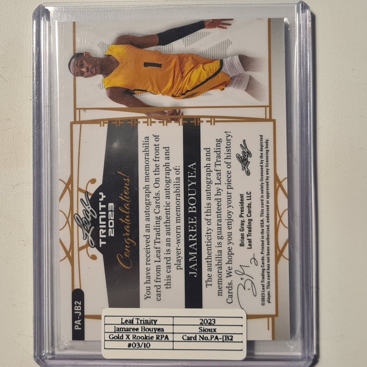 Jamaree Bouyea 2023 Leaf Trinity Auto Patch 3/10 PA-JB2 Basketball mint sleeved