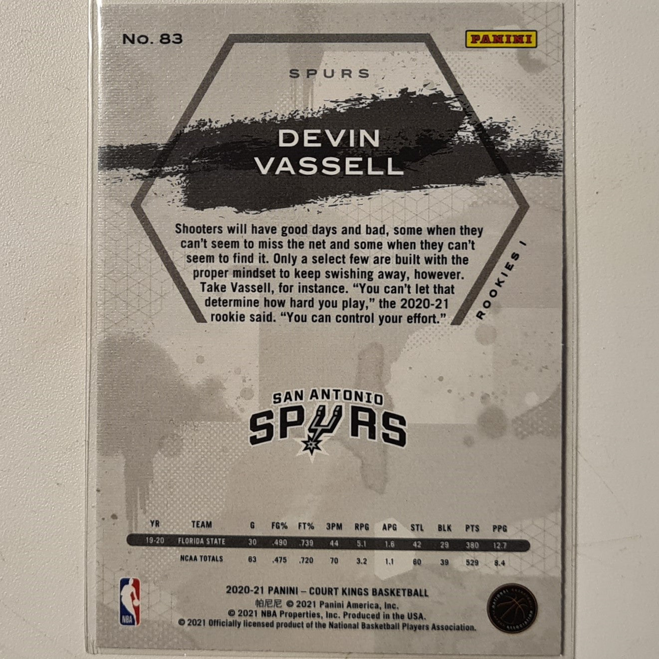 Devin Vassell 2020-21 Panini Court Kings Rookie RC #83 NBA Basketball San Antonio Spurs ex-mint sleeved
