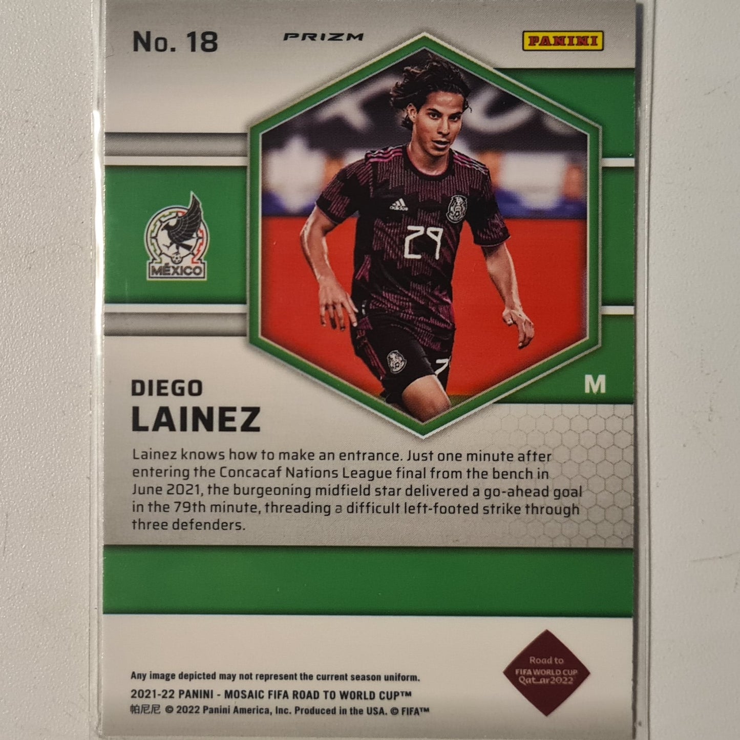 Diego Lainez 2021-22 Panini Mosaic FIFA road to world cup Prizm #18 Soccer Mexico EX- Mint Sleeved