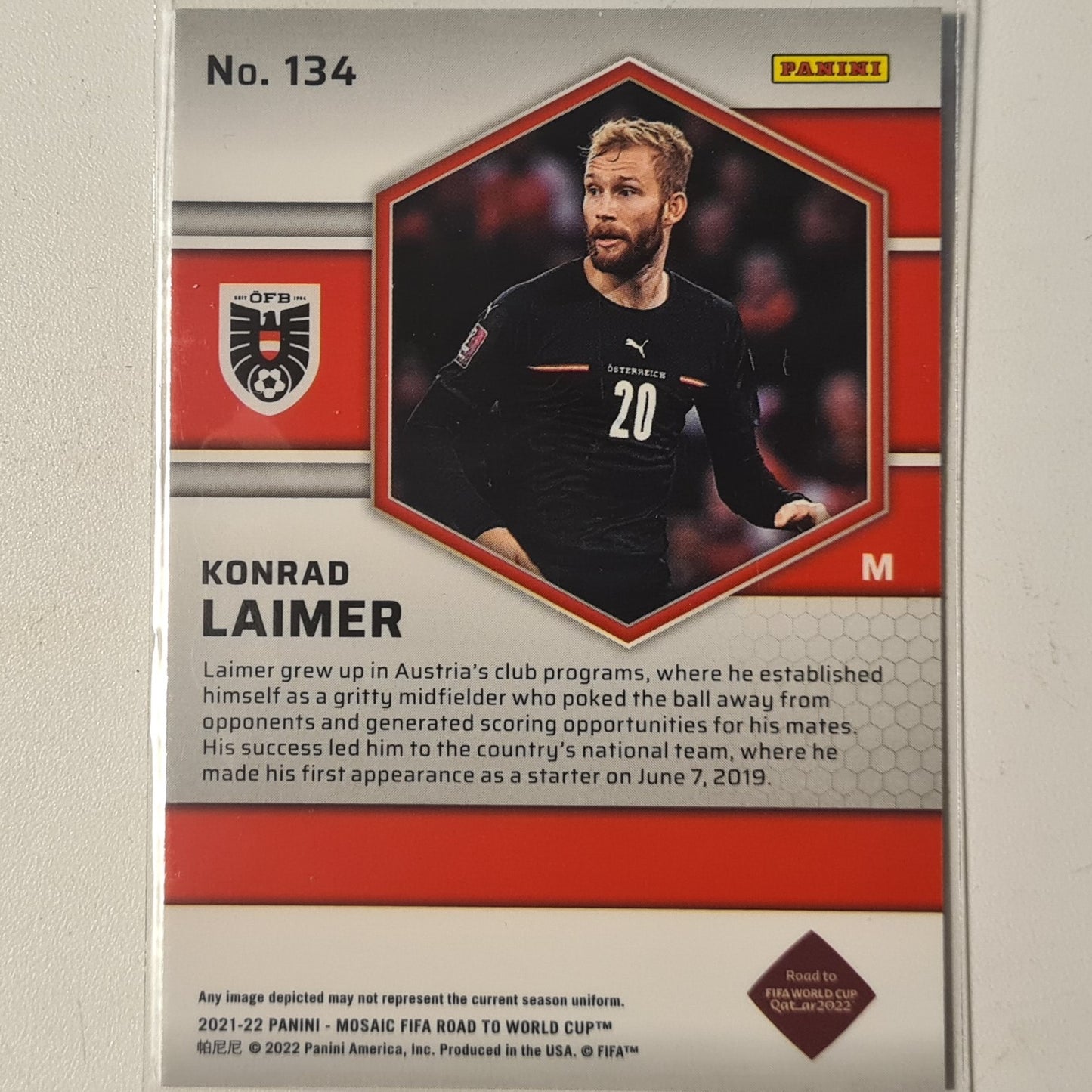 Konrad Laimer 2021-22 Panini Mosaic FIFA road to world cup #134 Soccer Austria EX- Mint Sleeved