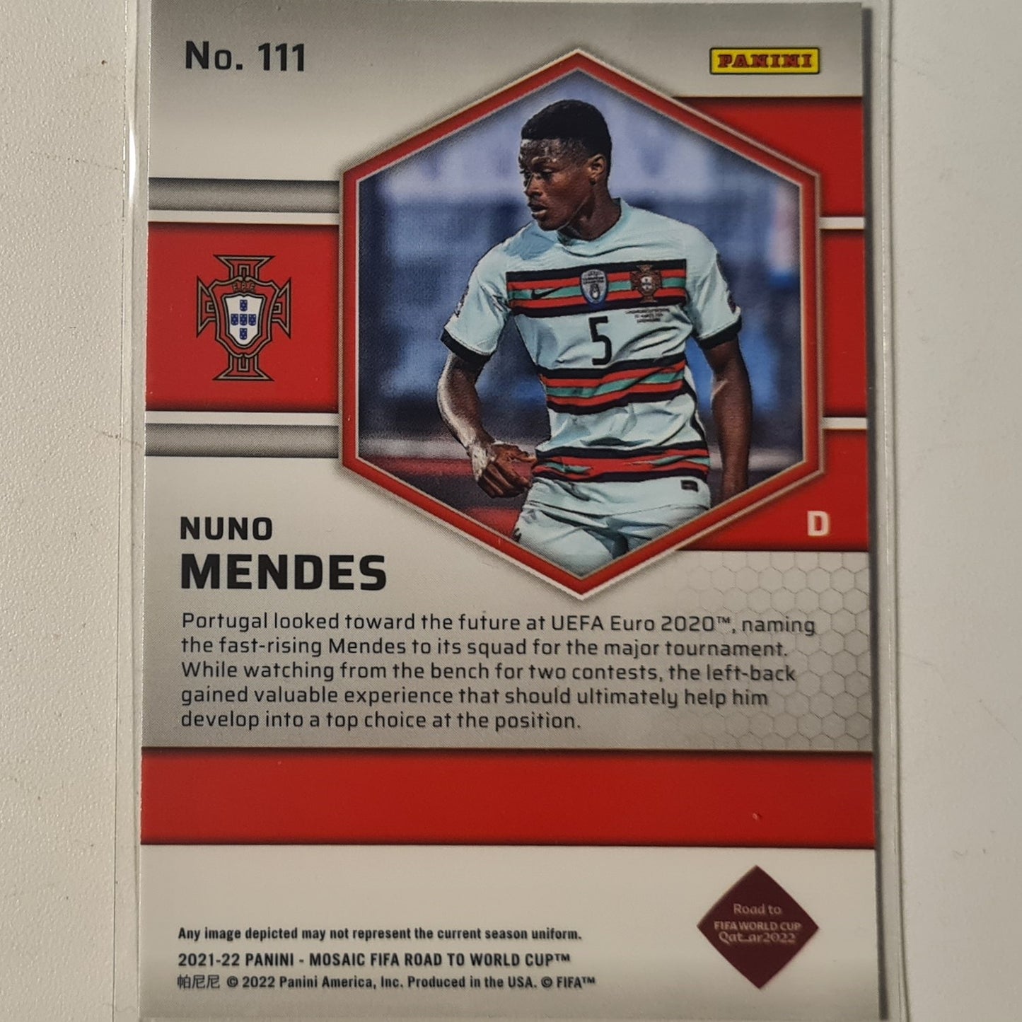 Nuno Mendes 2021-22 Panini Mosaic fifa road to world cup Rookie RC #111 Soccer Portugal mint Sleeved