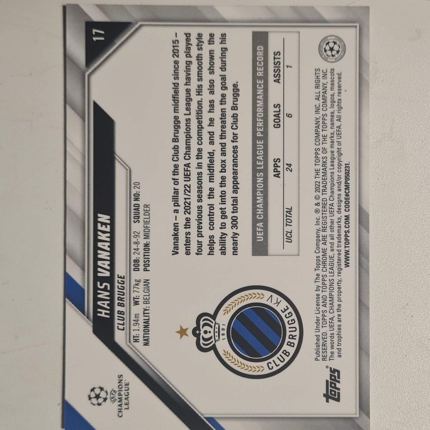 Hans Vanaken 2022 Topps Champions League #17 Soccer Football Club Brugge excellent mint Sleeved