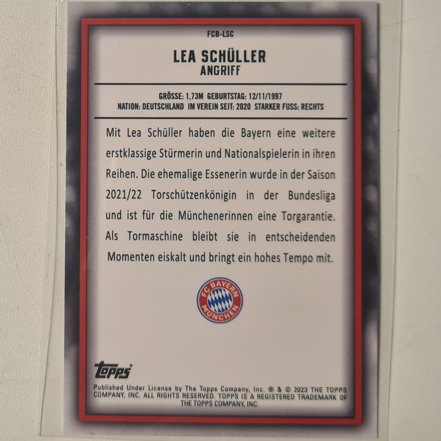 Lea Schuller 2023 Topps Bundesliga ( German issue) FCB-LSC Soccer Football Bayern Munich mint Sleeved
