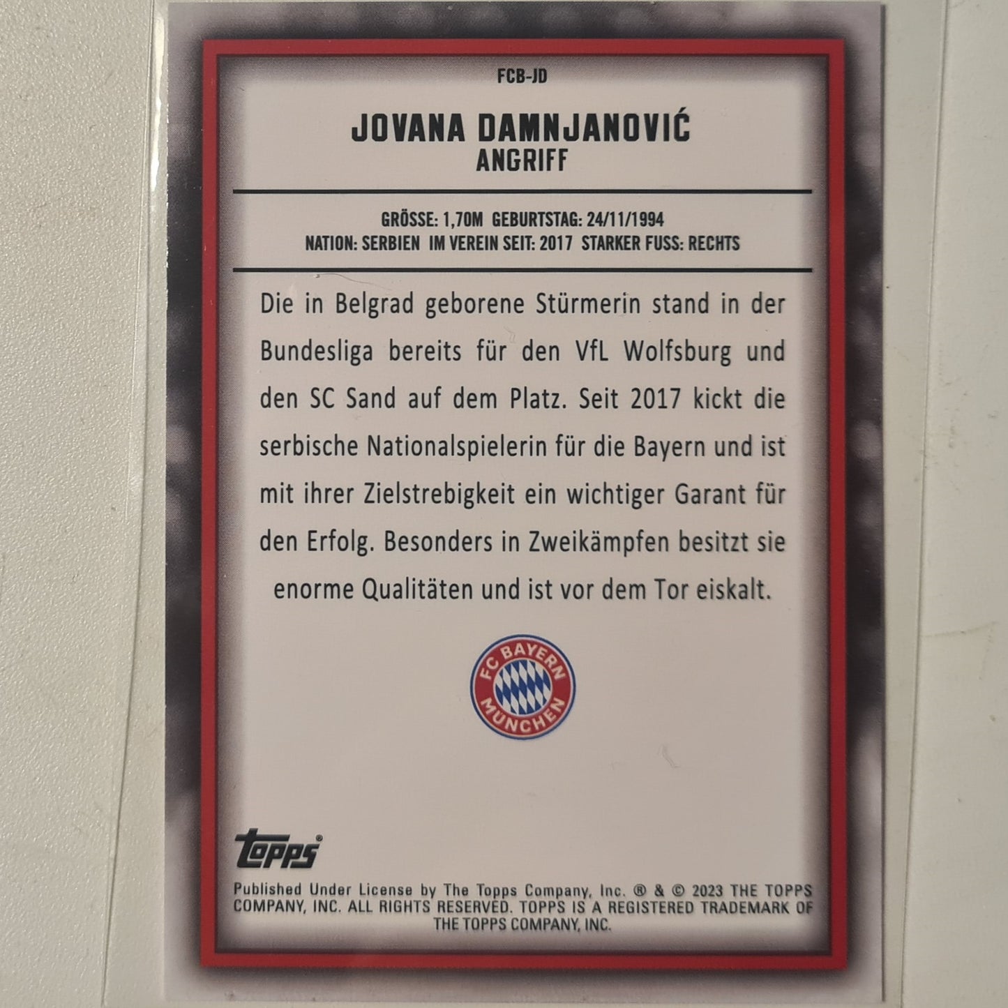 Jovana Dawnjanovic 2023 Topps Bundesliga ( German issue) FCB-JD Soccer Football Bayern Munich mint Sleeved