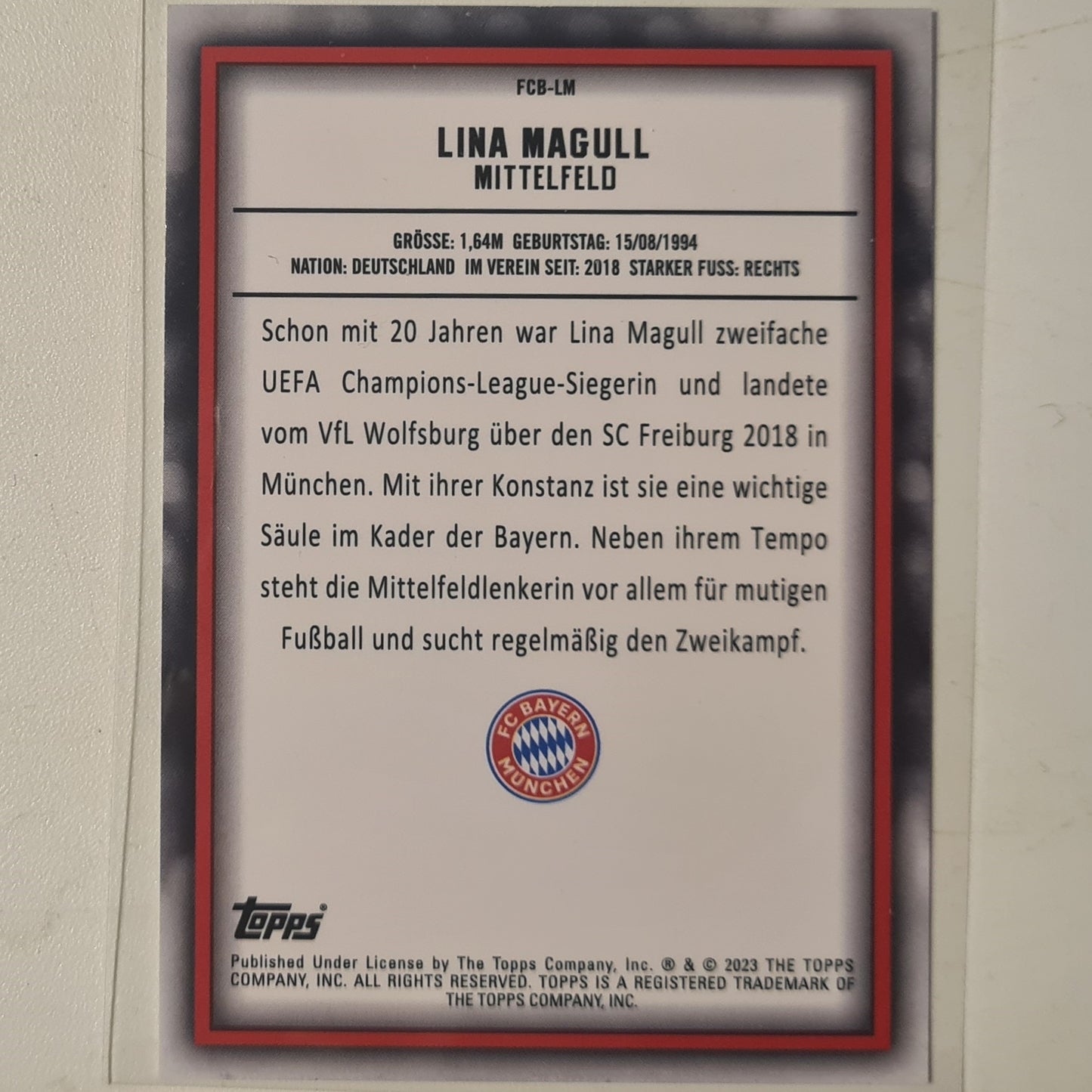 Lina Magull 2023 Topps Bundesliga ( German issue) FCB-LM Soccer Football Bayern Munich mint Sleeved