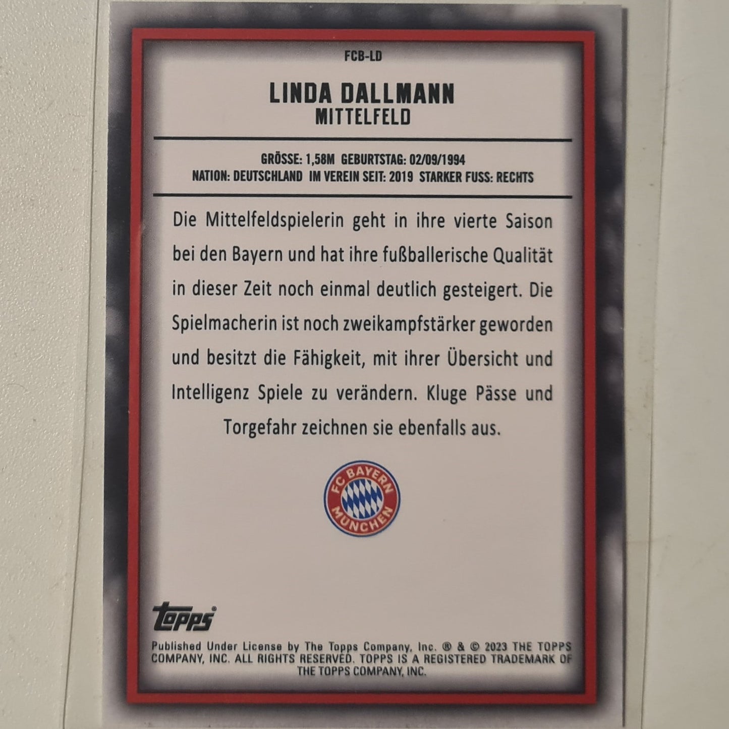 Linda Dallmann 2023 Topps Bundesliga ( German issue) FCB-LD Soccer Football Bayern Munich mint Sleeved