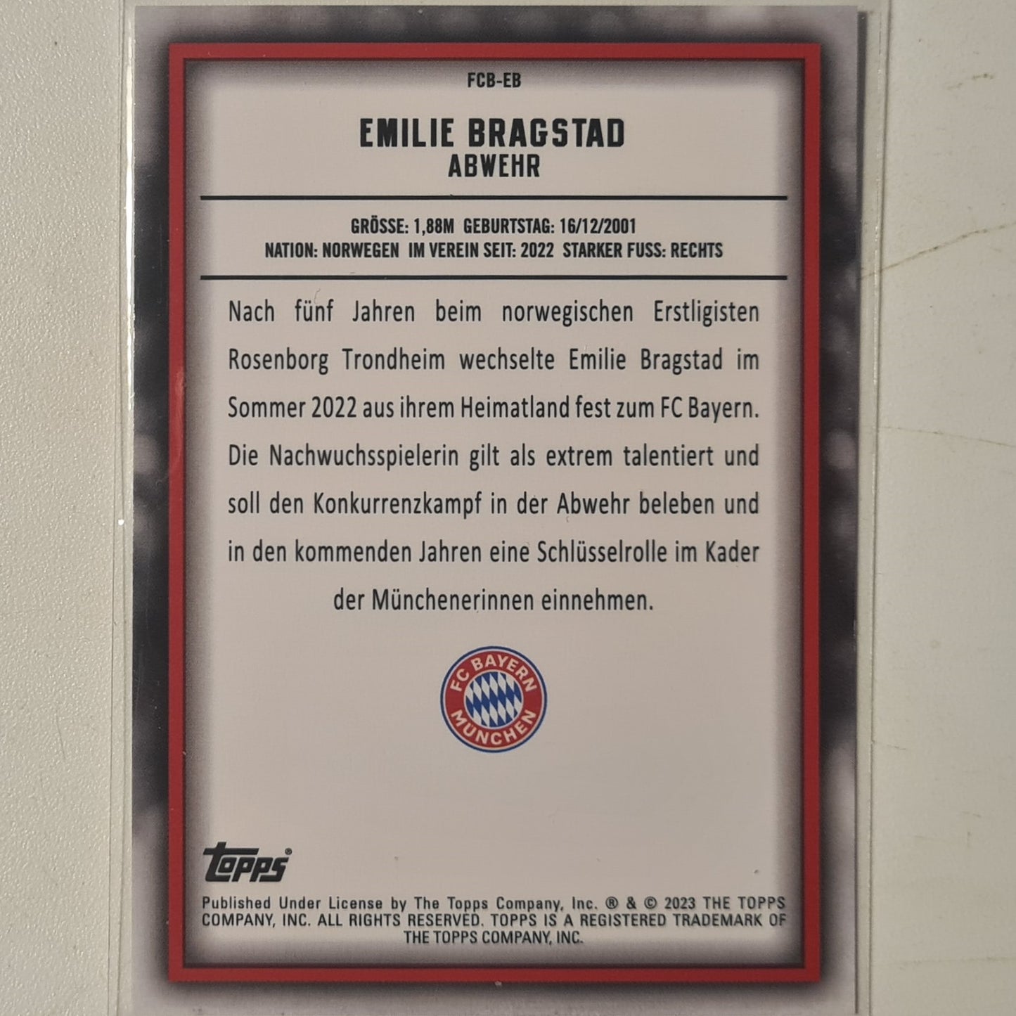 Emilie Bragstad 2023 Topps Bundesliga ( German issue) Rookie RC FCB-EB Soccer Football Bayern Munich mint Sleeved