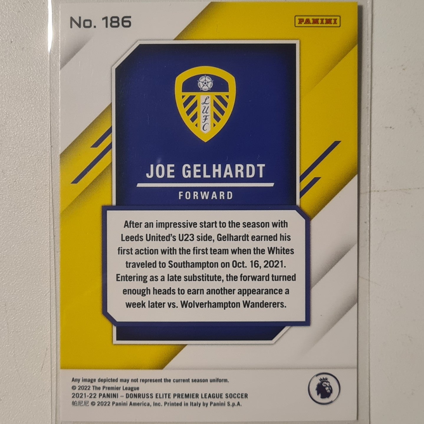 Joe Gelhardt 2021-22 Panini Donruss Elite Premier League Fireworks rookie RC #186 Soccer Football Leeds ex-mint