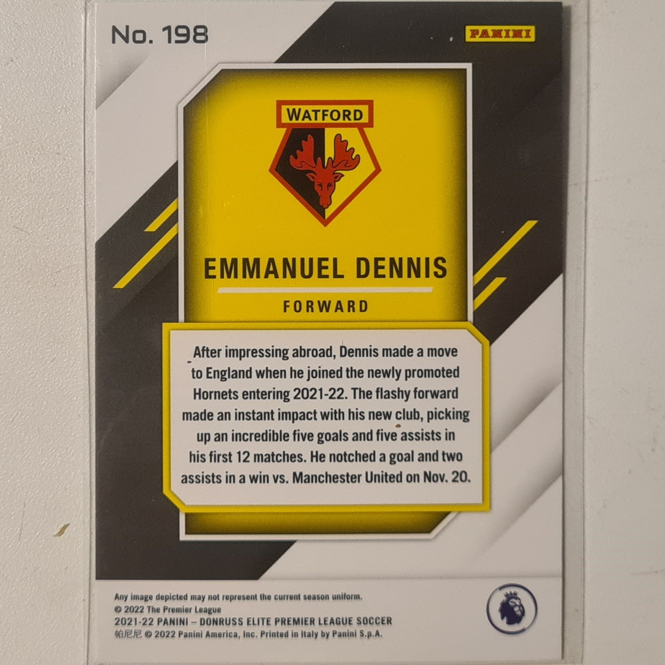 Emmanuel Dennis 2021-22 Panini Donruss Elite Premier League Fireworks Rookie RC #198 Soccer Football Watford ex-mint