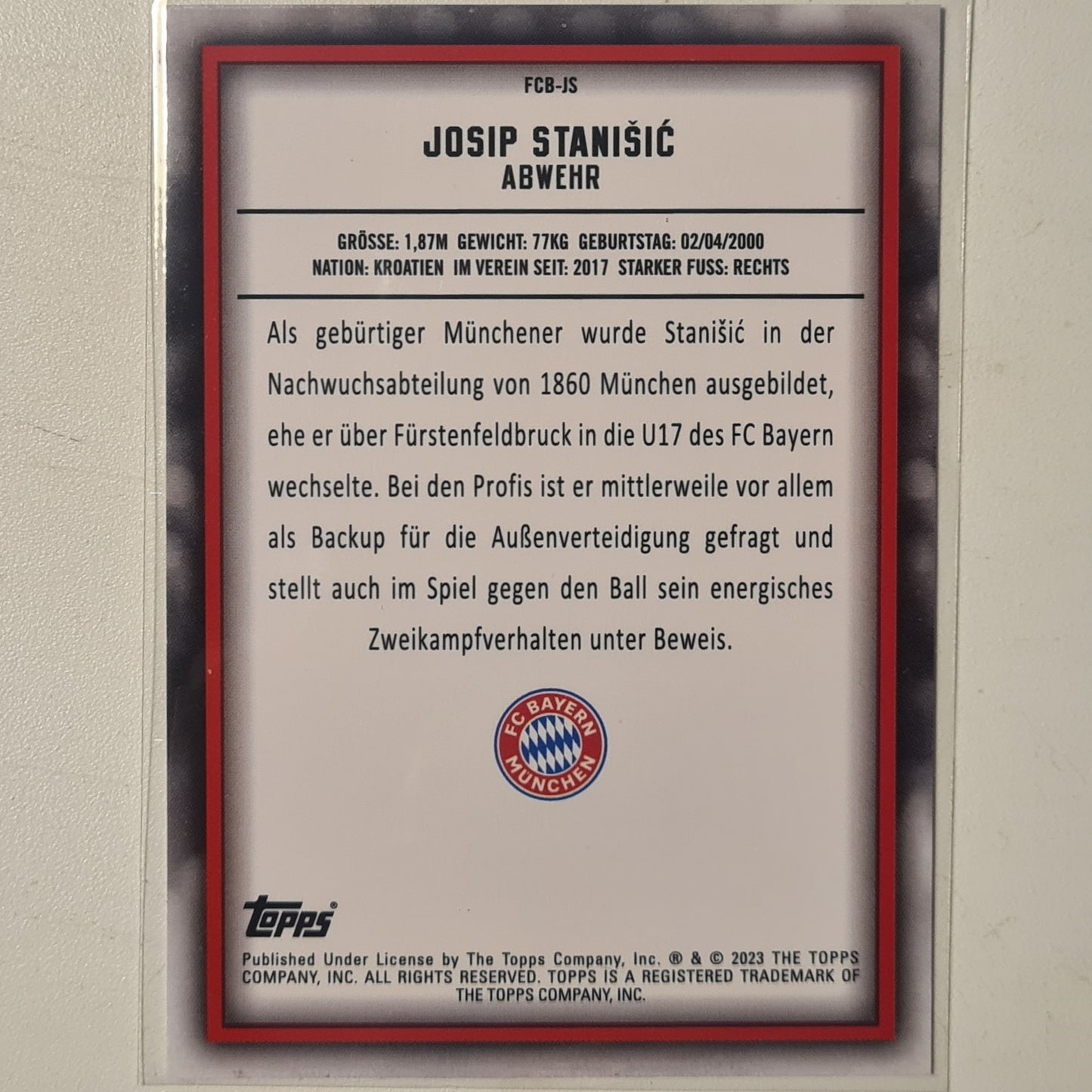 Josip Stanisic 2023 Topps Bundesliga ( German issue) FCB-JS Soccer Football Bayern Munich mint Sleeved