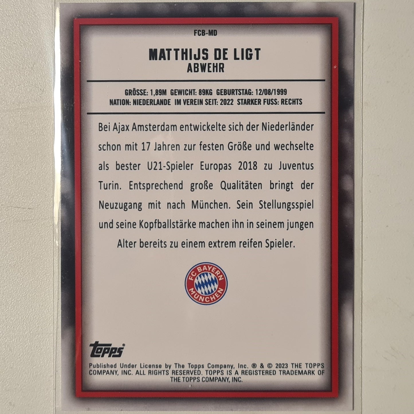 Matthijs De Ligt 2023 Topps Bundesliga ( German issue) FCB-MD Soccer Football Bayern Munich mint Sleeved