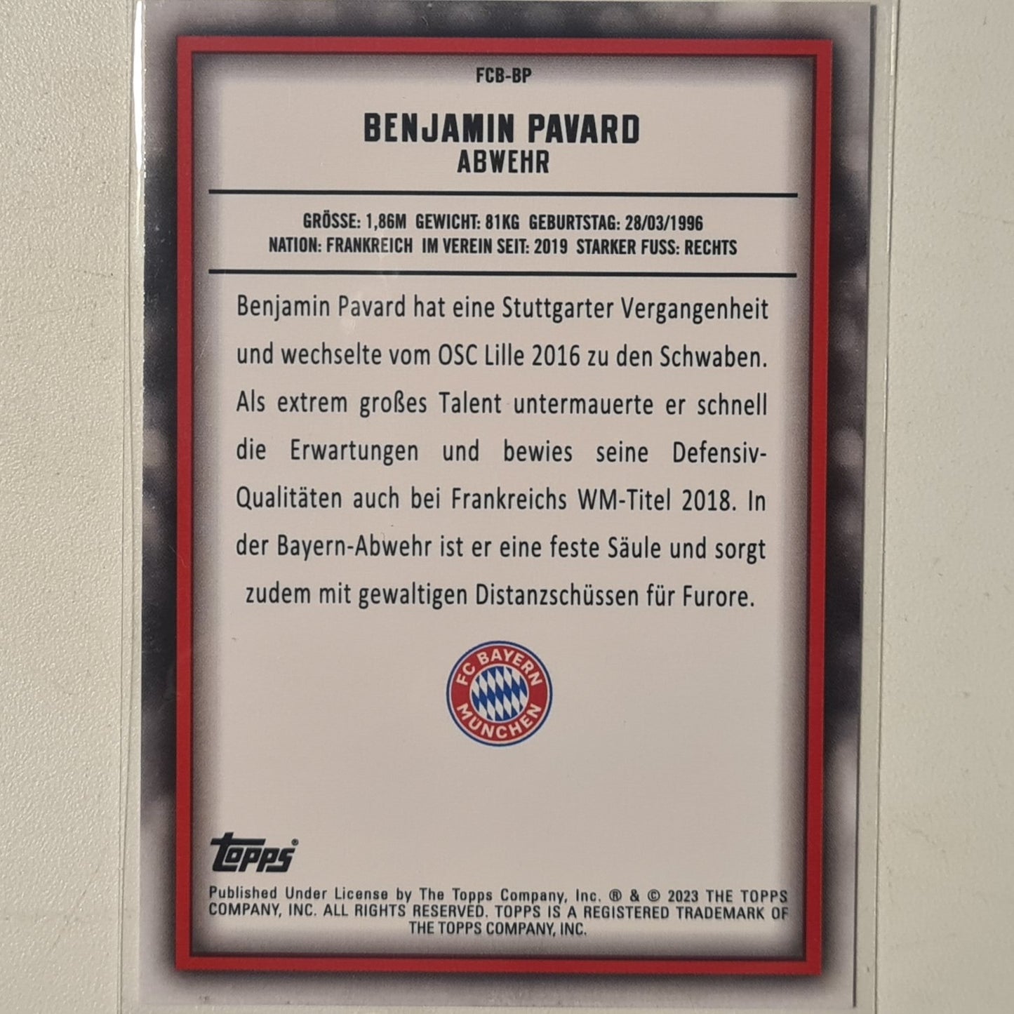 Benjamin Pavard 2023 Topps Bundesliga ( German issue) FCB-BP Soccer Football Bayern Munich mint Sleeved