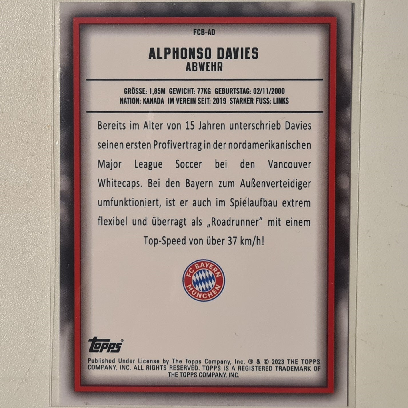 Alphonso Davis 2023 Topps Bundesliga ( German issue) FCB-AD Soccer Football Bayern Munich mint Sleeved