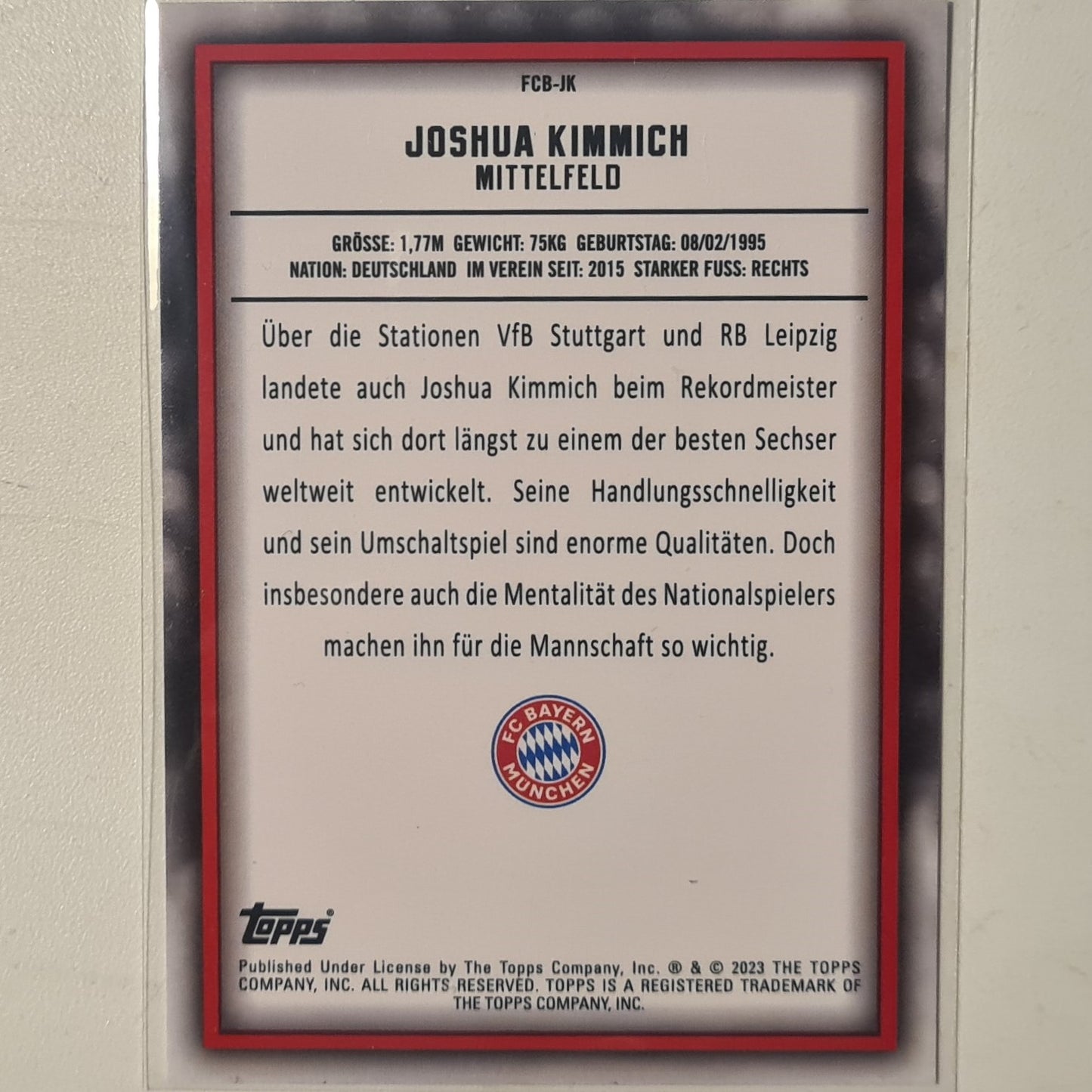 Joshua Kimmich 2023 Topps Bundesliga ( German issue) FCB-JK Soccer Football Bayern Munich mint Sleeved