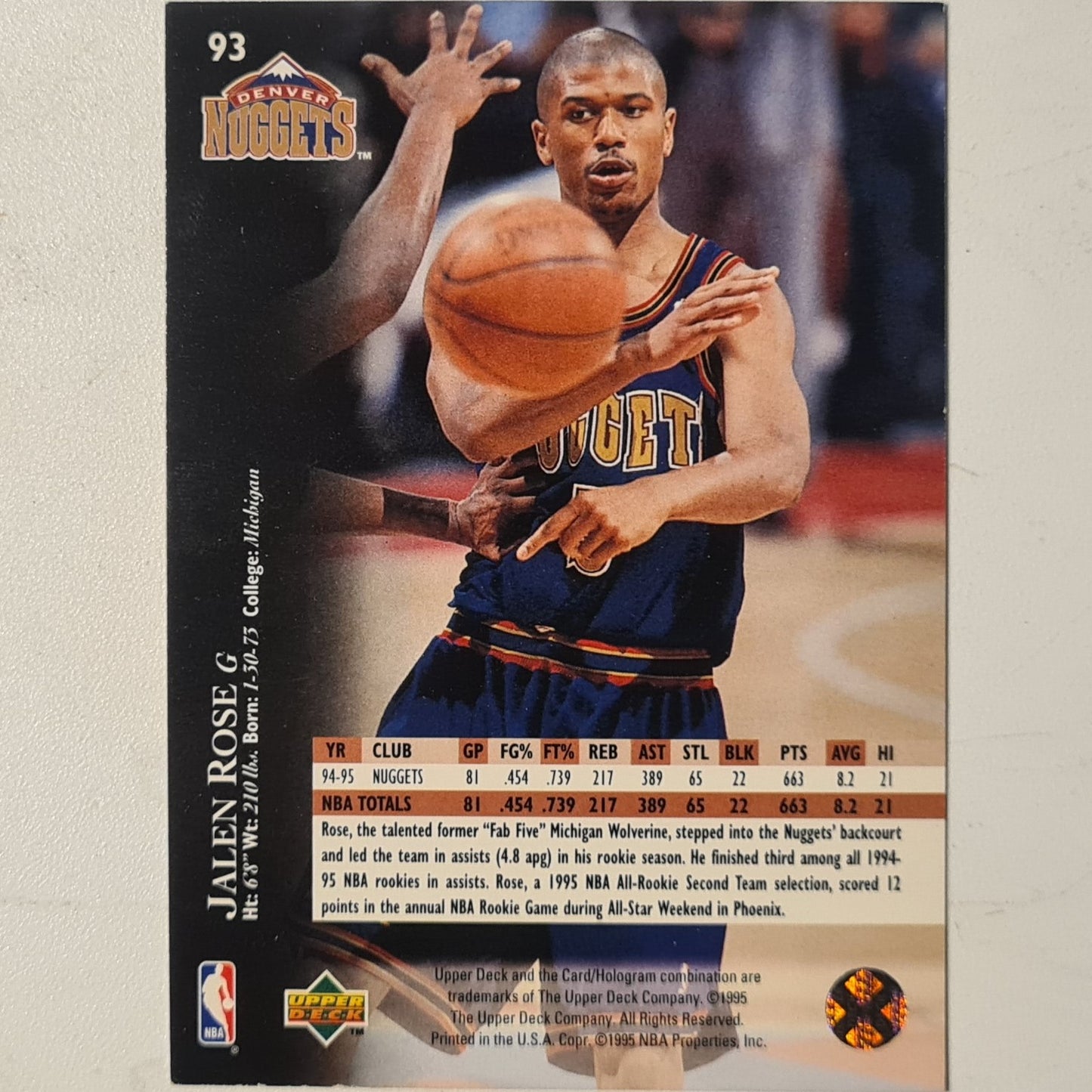 Jalen Rose 1995 Upper-Deck #93 NBA Basketball Denver Nuggets Excellent Sleeved