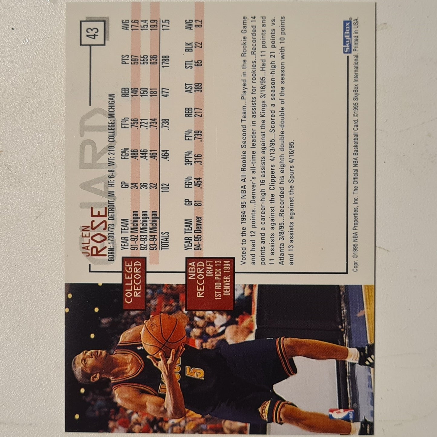 Jalen Rose 1995 Skybox NBA Hoops #43 NBA Basketball Denver Nuggets Excellent Sleeved