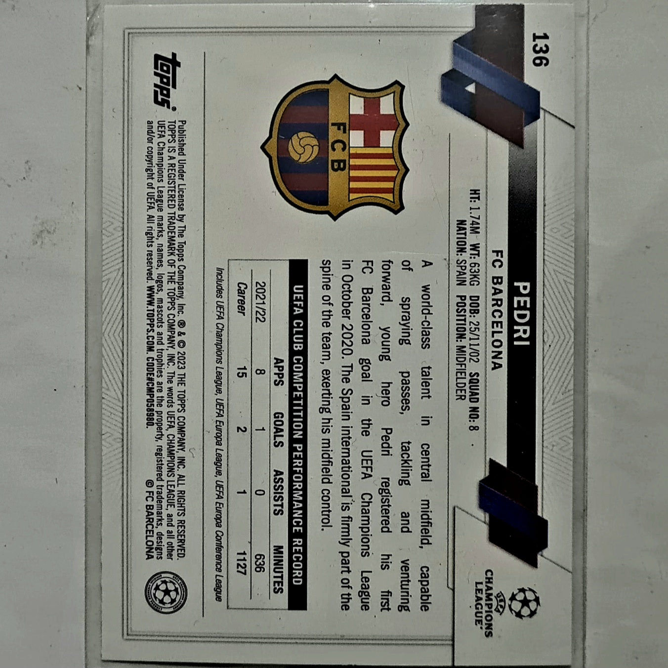 Pedri 2023Topps Champions League Carnival #136 Football Barcelona Ex-mint