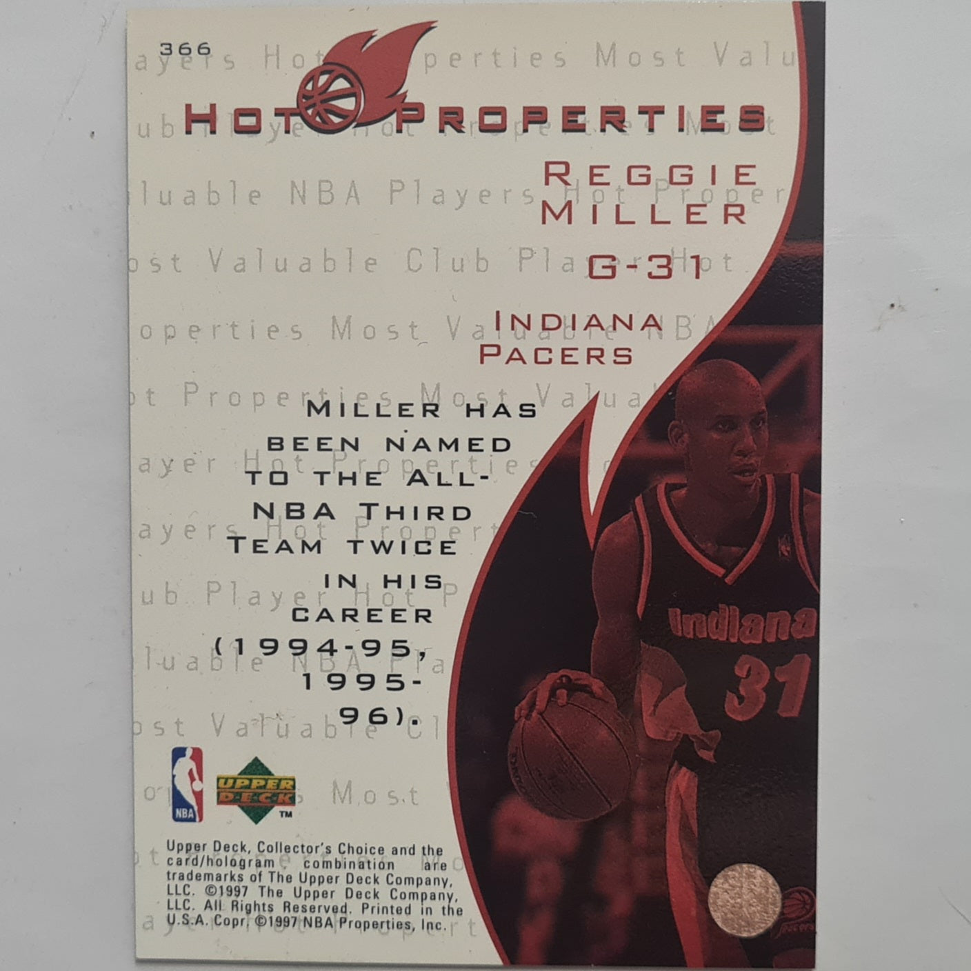 Reggie Miller Upper-Deck Hot Properties #366 NBA Basketball Indiana Pacers excellent sleeved