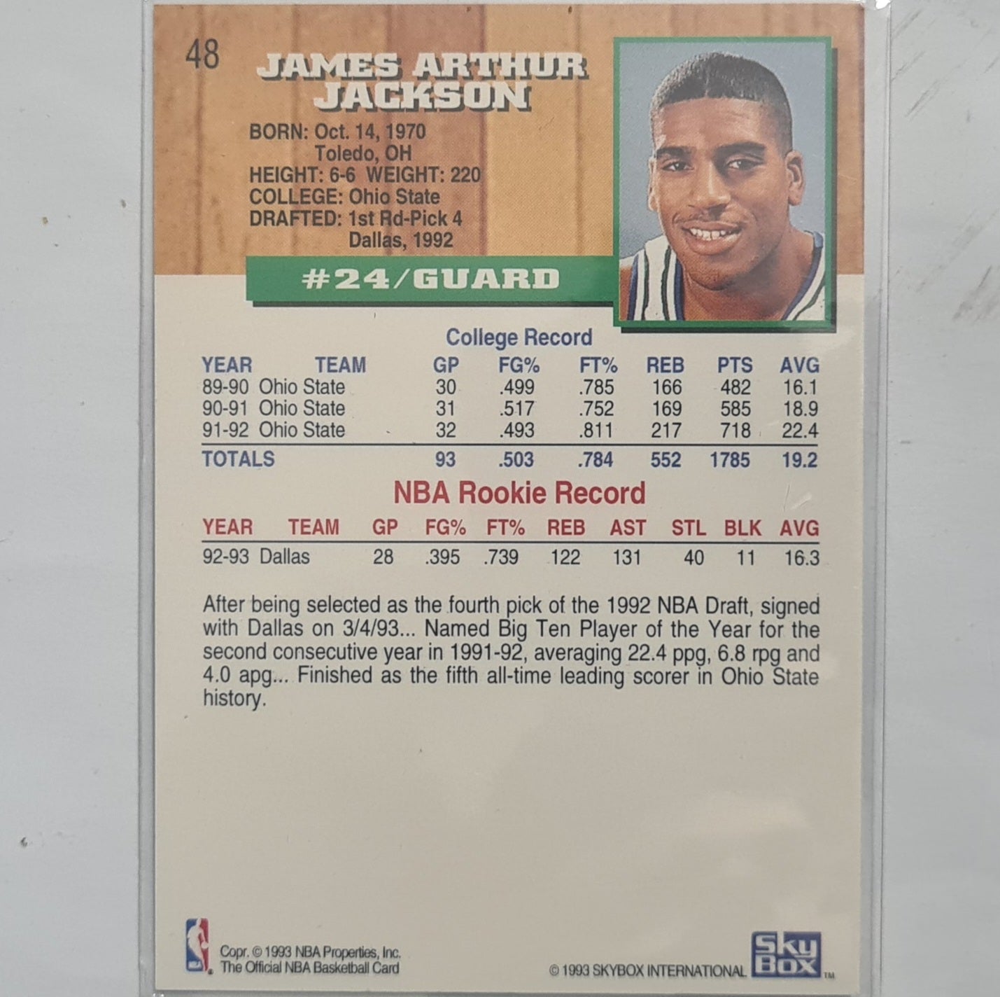 Jim Jackson 1993 Skybox NBA Hoops Rookie RC #48 NBA Basketball Dallas Mavericks excellent sleeved