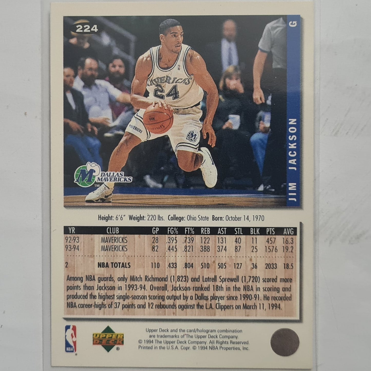 Jim Jackson 1994 Upper-Deck collectors choice #224 NBA Basketball Dallas Mavericks excellent sleeved