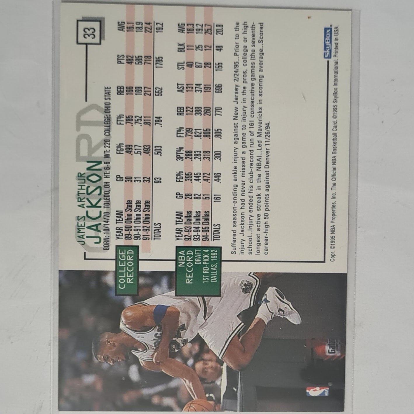 Jim Jackson 1995 Skybox NBA Hoops #33 NBA Basketball Dallas Mavericks excellent sleeved