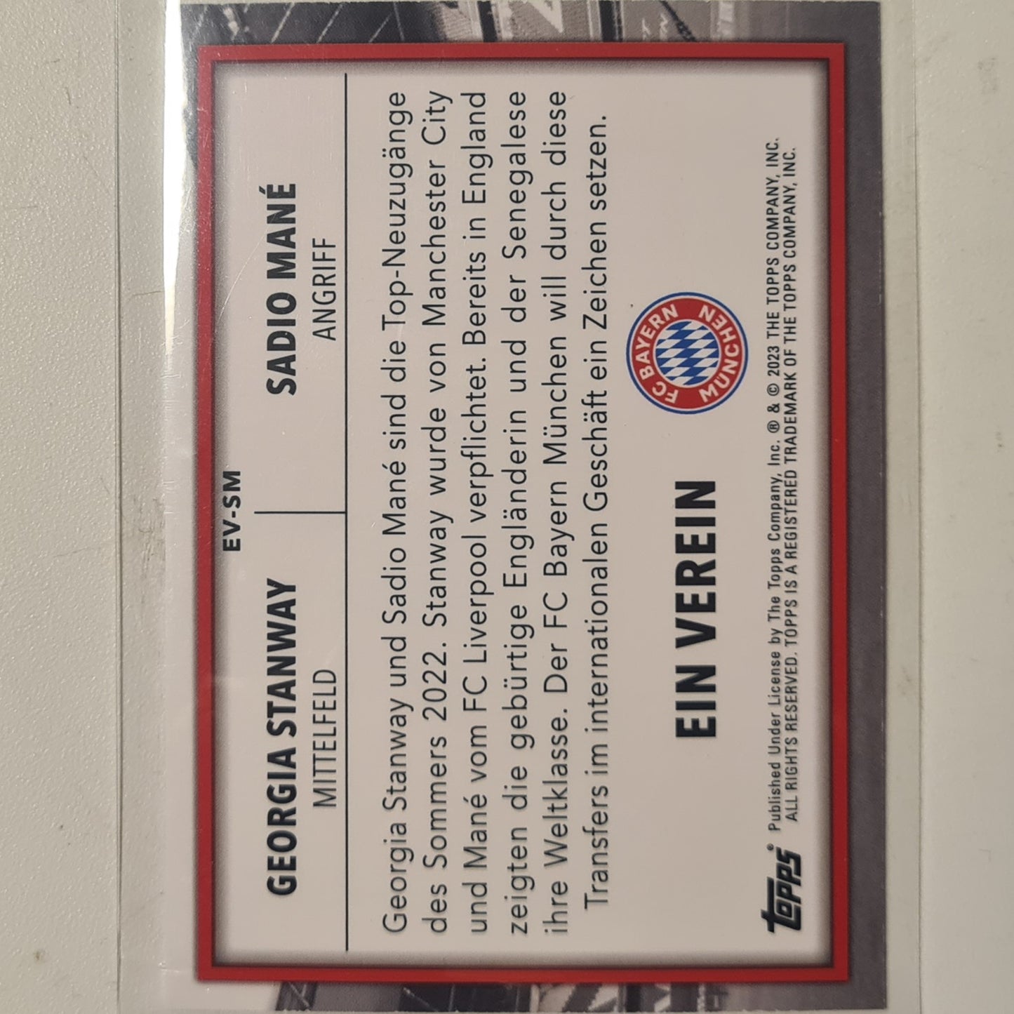 Georgia Stanway Sadio Mane Topps 2023 Bayern Munich German issue set EV-SM football mint sleeved