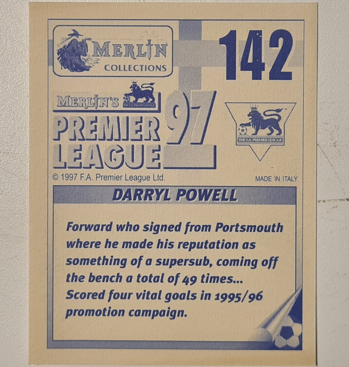 Darryl Powell 1997 Merlin 97 sticker #142 Football Derby County very good sleeved