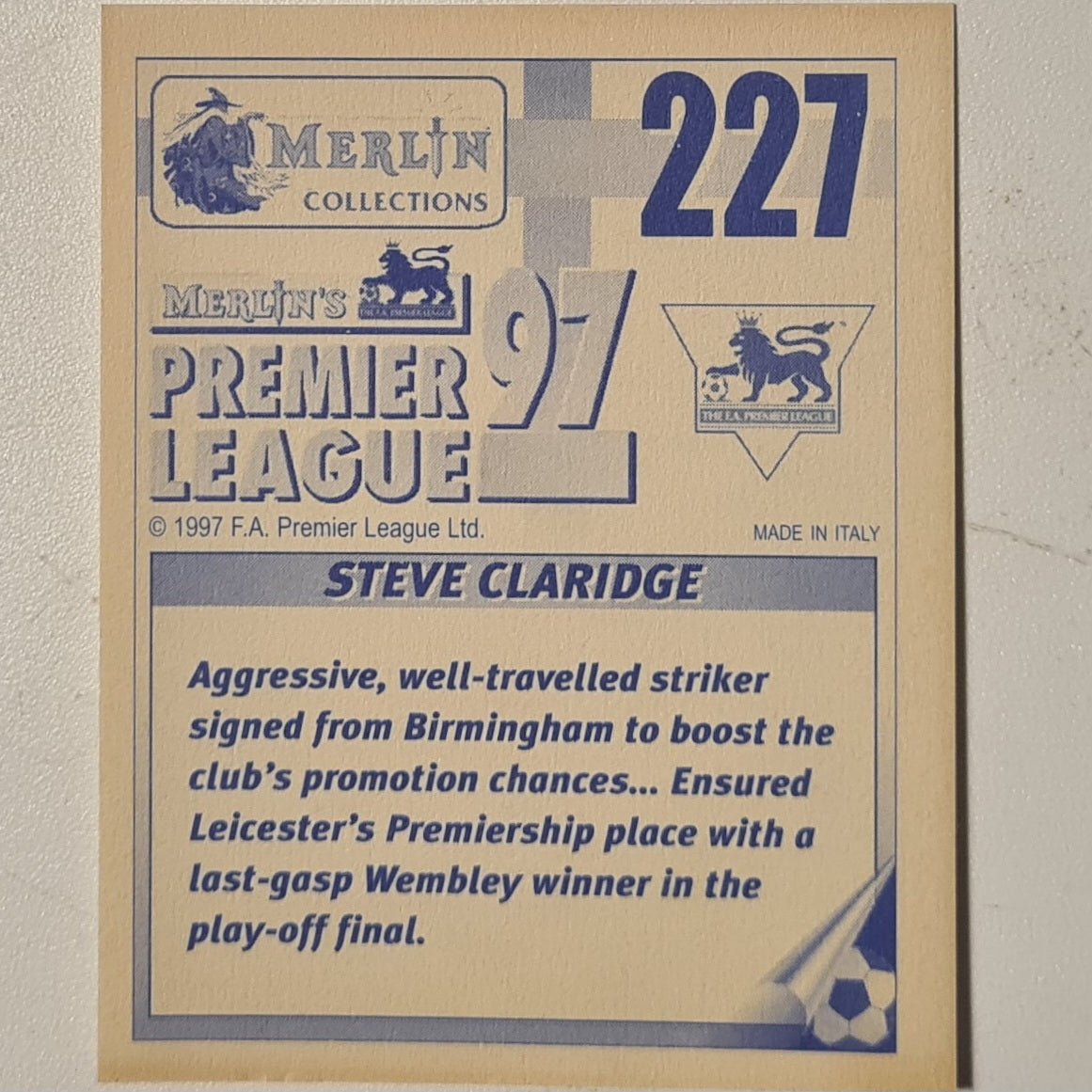Steve Claridge 1997 Merlin 97 sticker #227 Football Leicester City very good sleeved