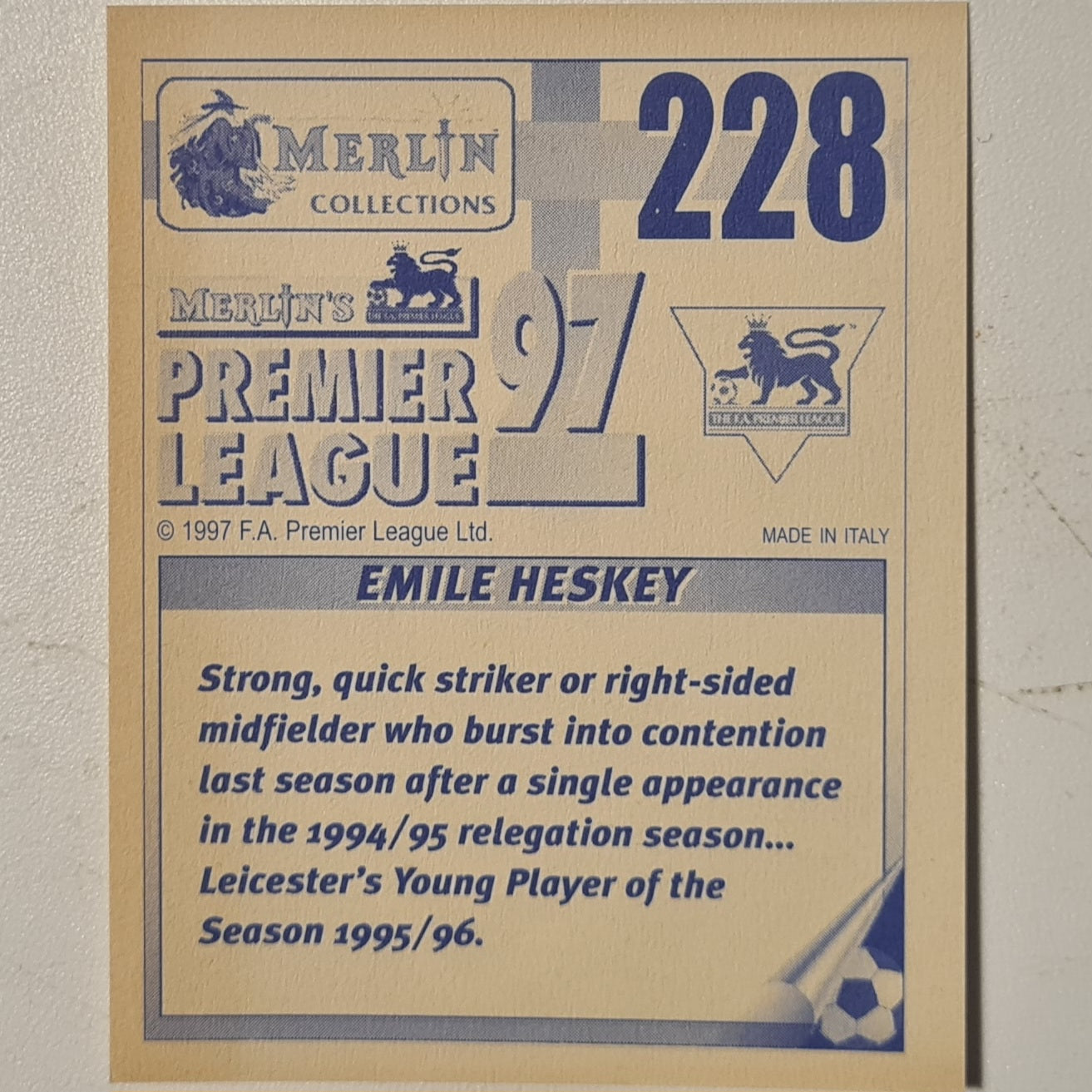 Emile Heskey 1997 Merlin 97 sticker #228 Football Leicester City very good sleeved