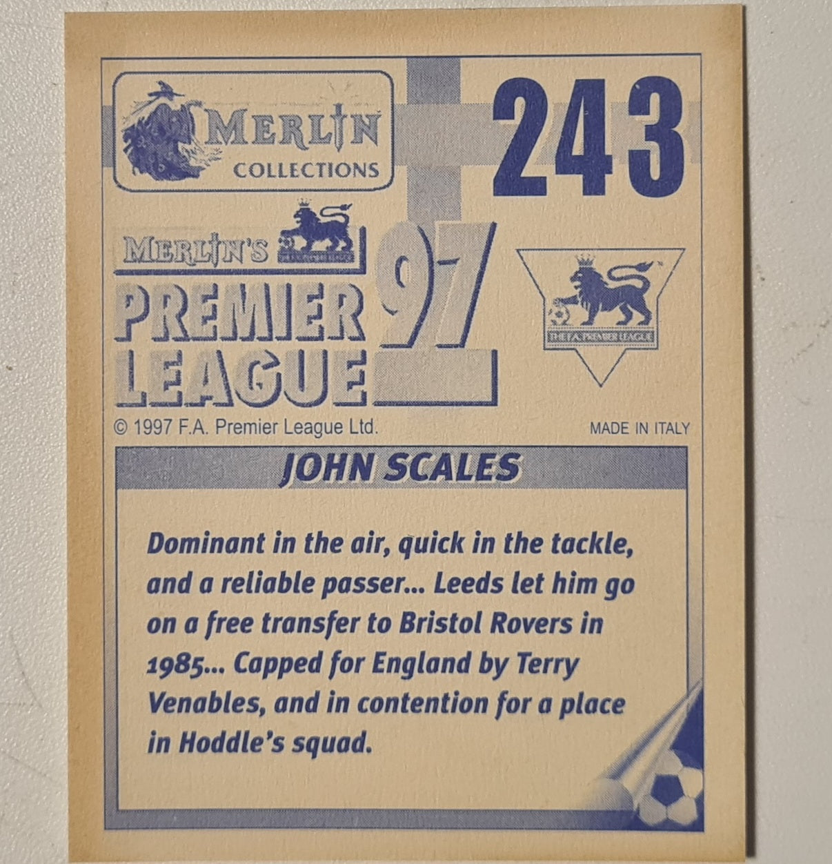 John Scales 1997 Merlin 97 sticker #243 Football Liverpool very good sleeved