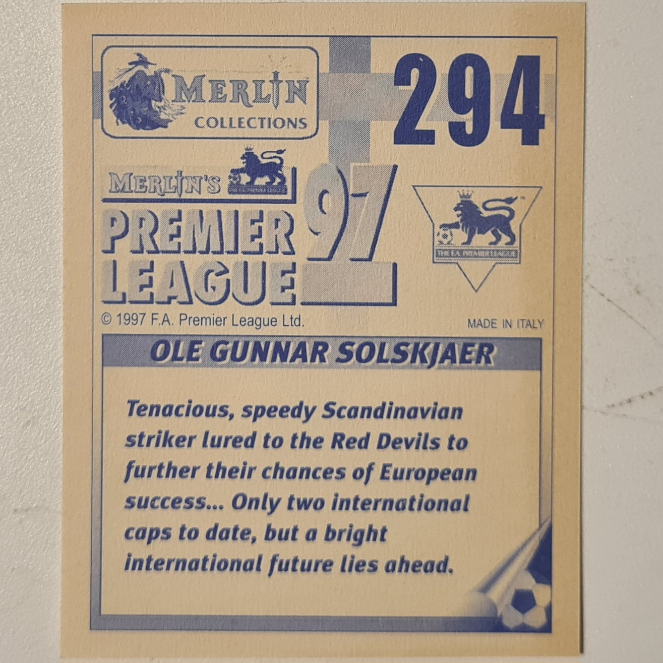 Ole Gunnar Solskjaer 1997 Merlin 97 sticker Rookie RC #294 Football Manchester United very good sleeved