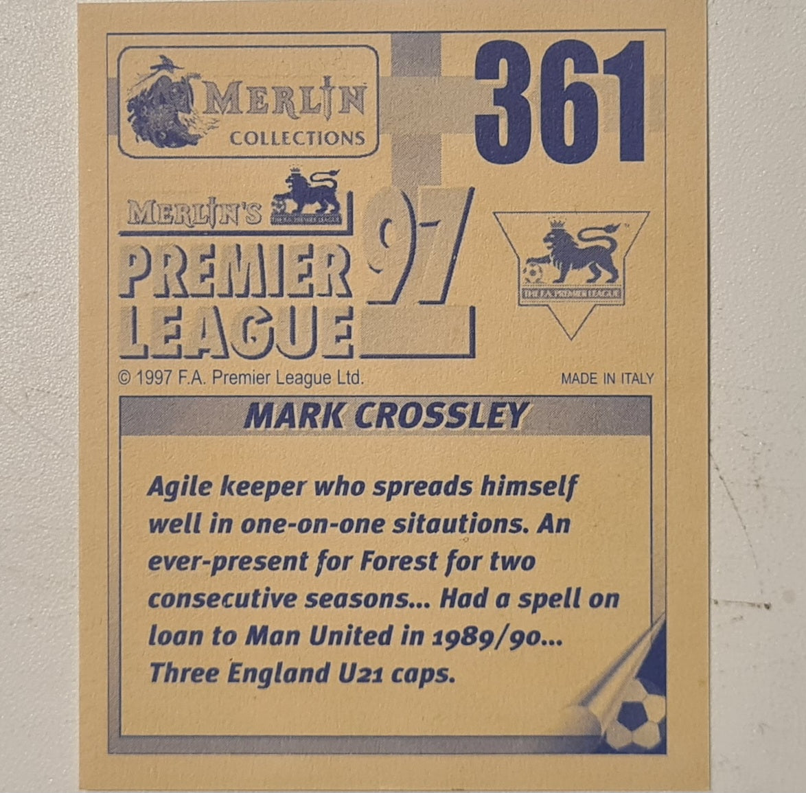 Mark Crossley 1997 Merlin 97 sticker #361 Football Nottingham Forest very good sleeved