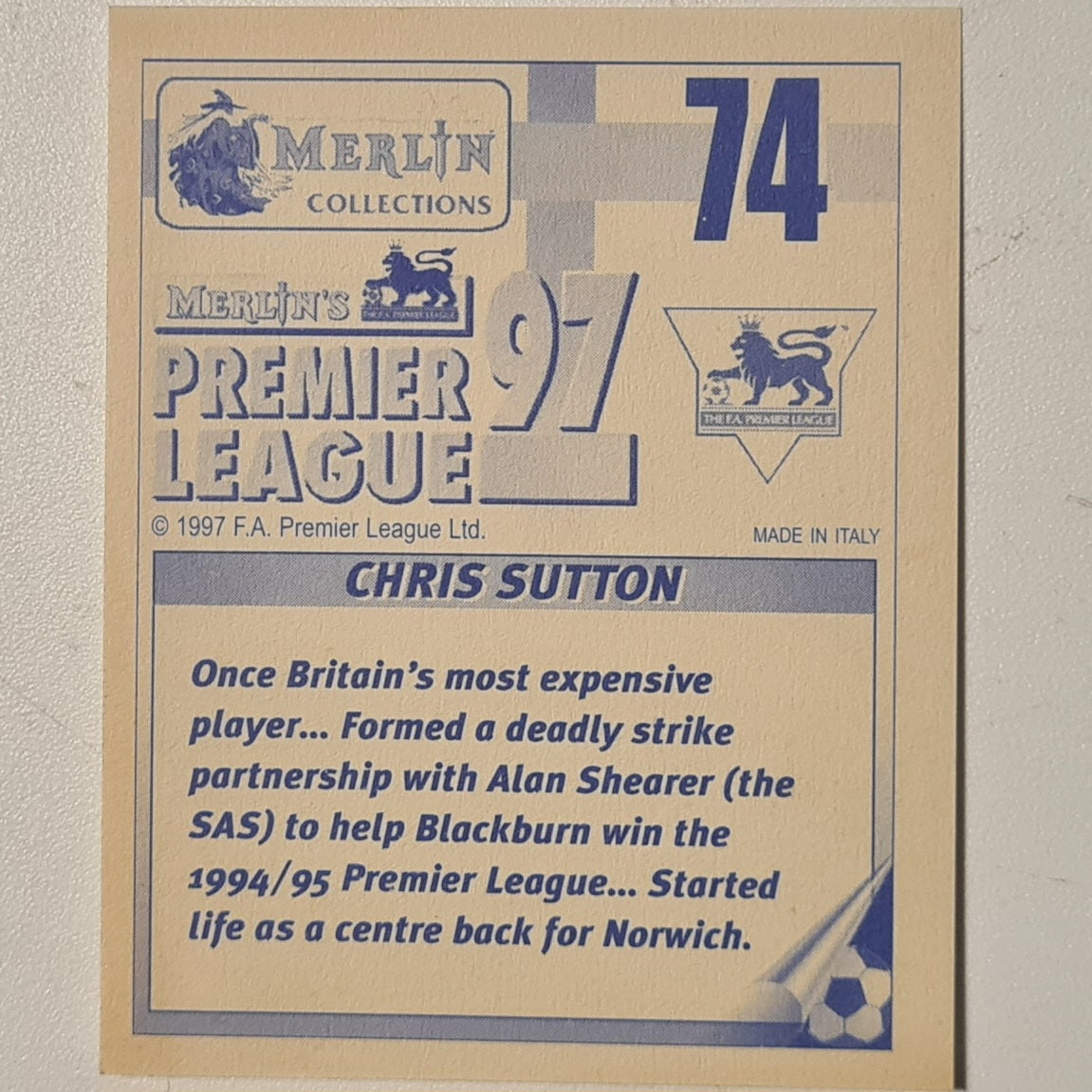 Chris Sutton 1997 Merlin 97 sticker #74 Football Blackburn Rovers very good sleeved