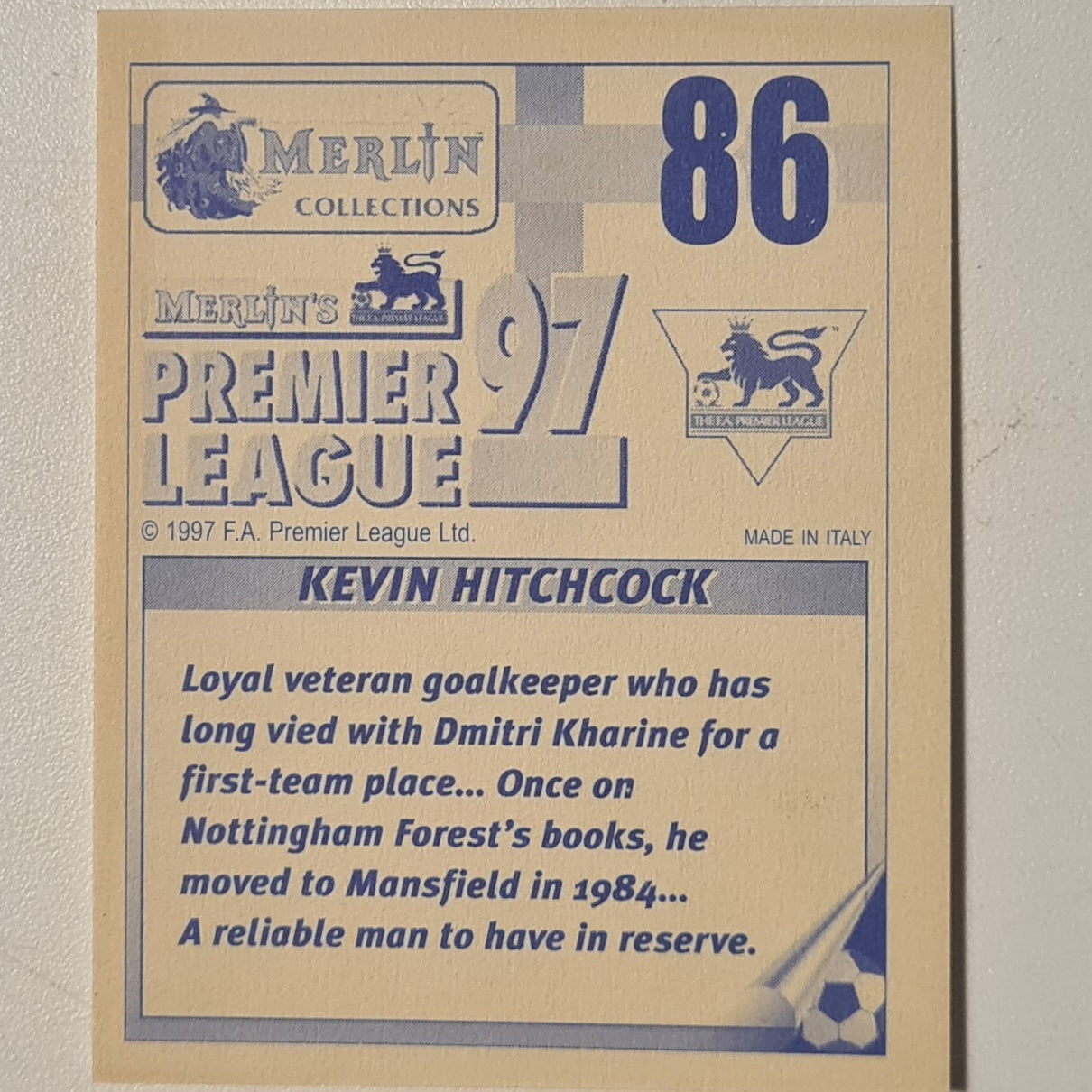 Kevin Hitchcock 1997 Merlin 97 sticker #86 Football Chelsea very good sleeved