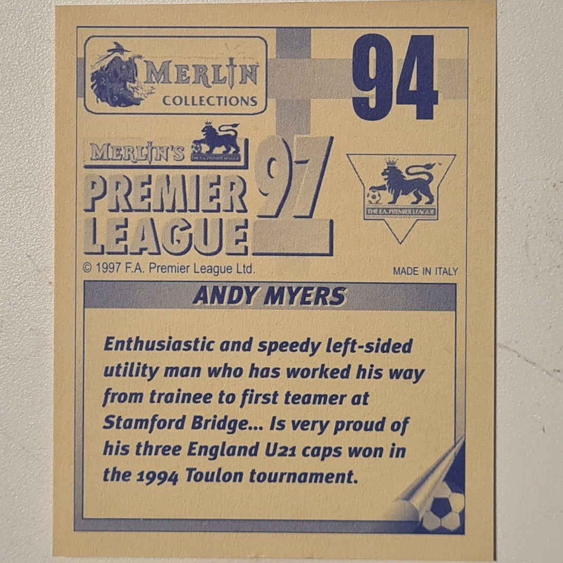Andy Myers 1997 Merlin 97 sticker #94 Football Chelsea very good sleeved