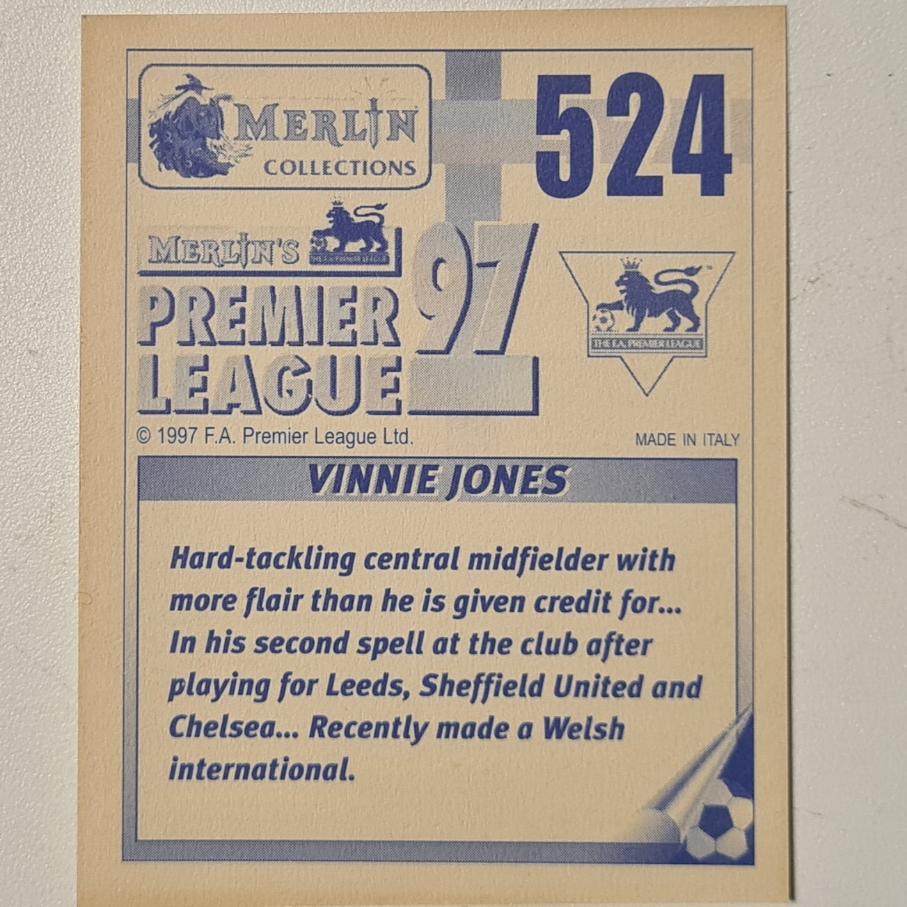 Vinnie Jones Merlin 1997 Premier League 97 football sticker #524 Soccer Wimbledon very good sleeved