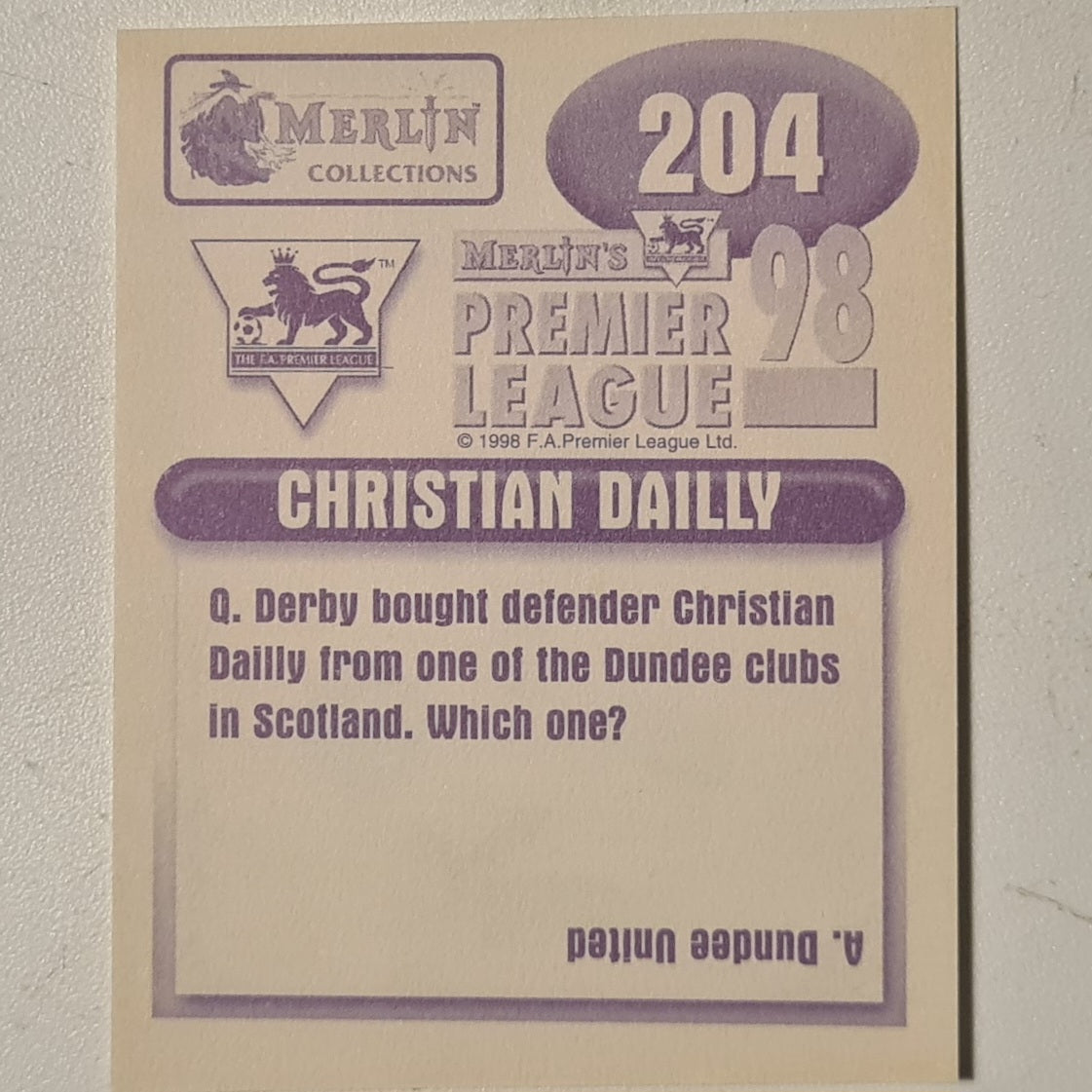 Christian Dailly 1998 Merlin FA Premier League 98 Sticker #204 Football Derby County Excellent