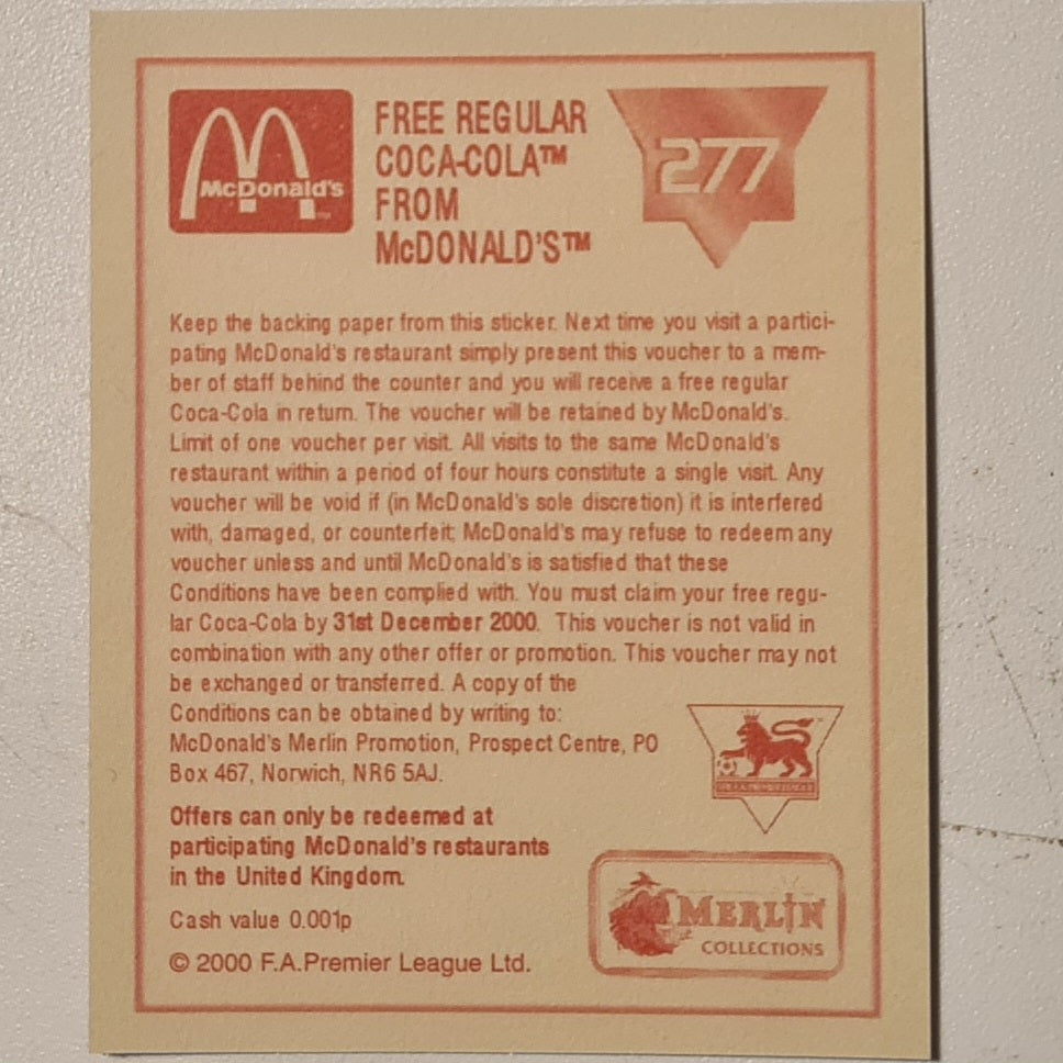 Gianfranco Zola 2000 Merlin FA Premier League gold edged free mcdonalds Sticker #277 Football Chelsea very good