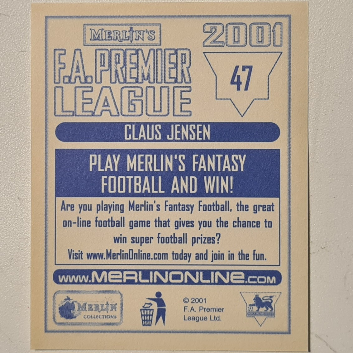 Claus Jensen 2001 Merlin FA Premier League sticker #47 Football Chelsea very good