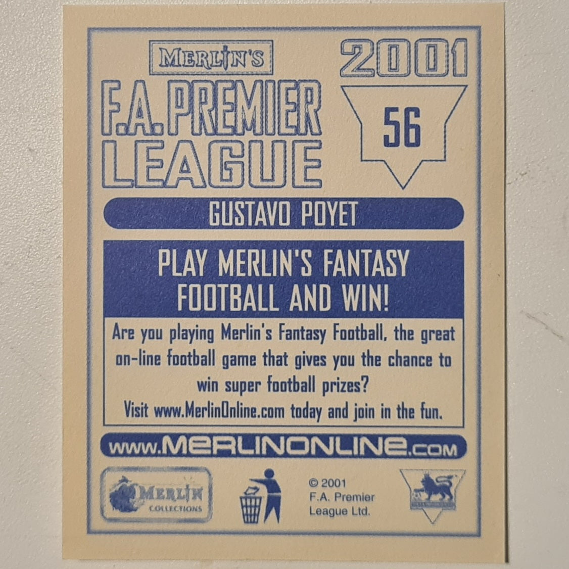 Gustavo Gus Poyet 2001 Merlin FA Premier League sticker #56 Football Chelsea very good