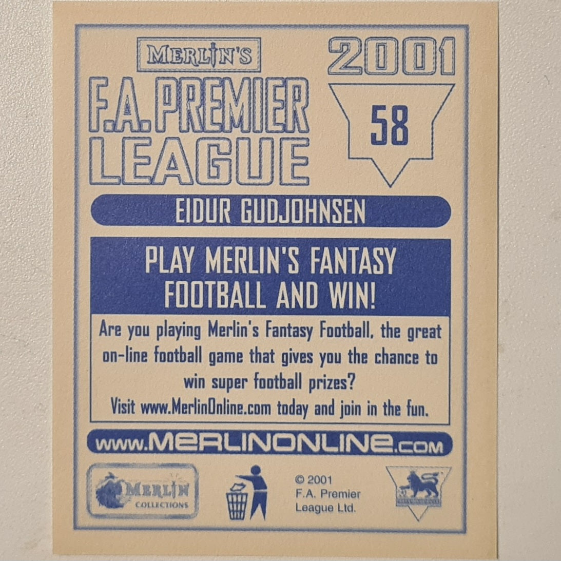 Eidur Gudjohnsen 2001 Merlin FA Premier League sticker #58 Football Chelsea very good